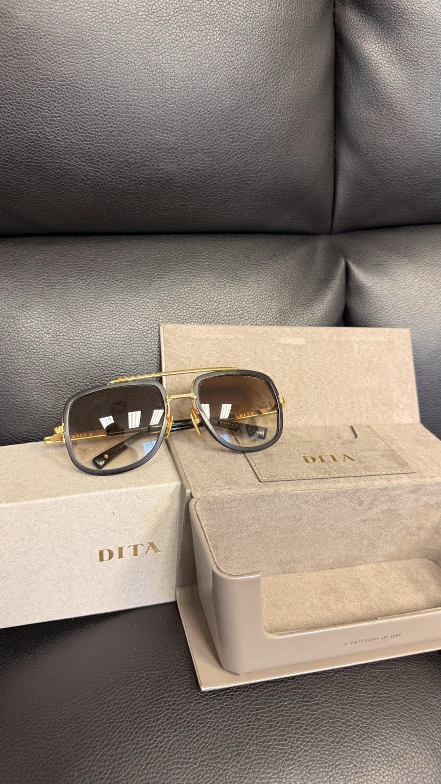 Dita MACH-S DT DTS412 A-01 Yellow Gold/Matte Black Metal Sunglasses Brown w Case