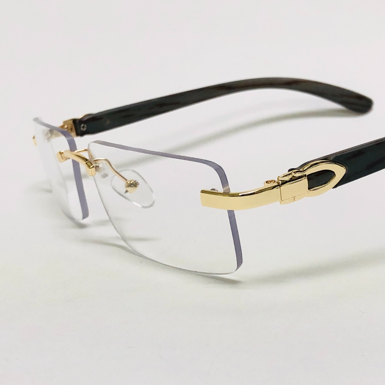 Men’s Vintage Gold Frame Rimless Hip Hop Black Woodgrain Clear Lens Glasses