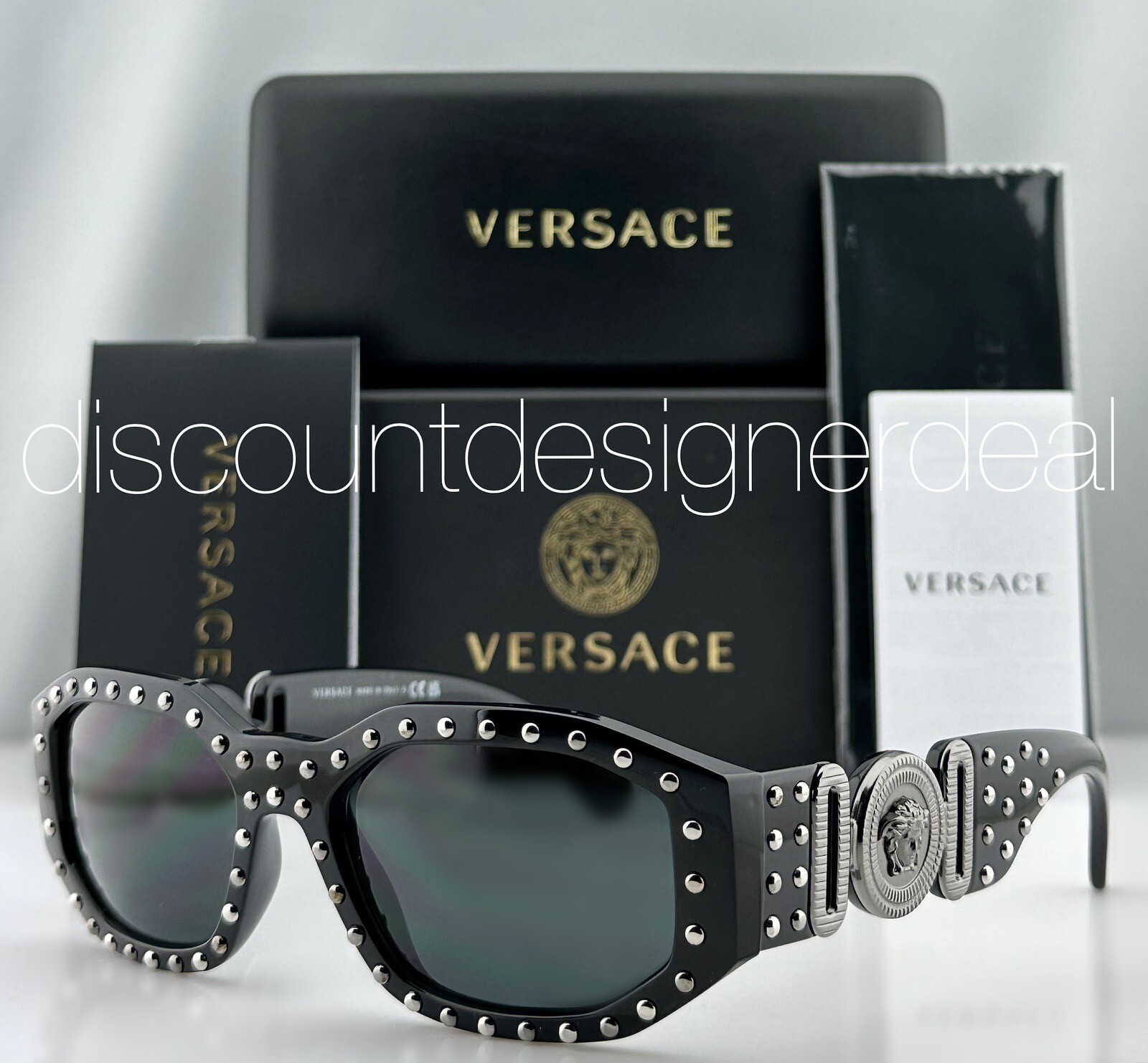 Versace VE4361 5398/87 Geometric Sunglasses Black Studded Frame Gray Lens NEW