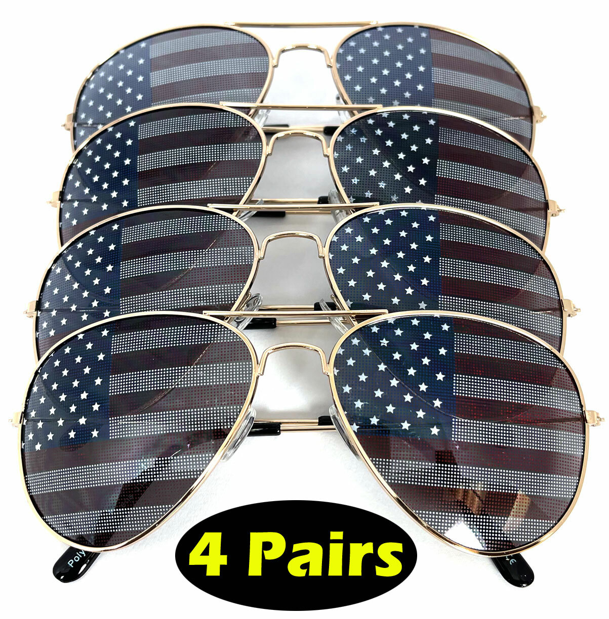 4 PAIRS of GOLD US Pilot USA American Flag Sunglasses United States Stars