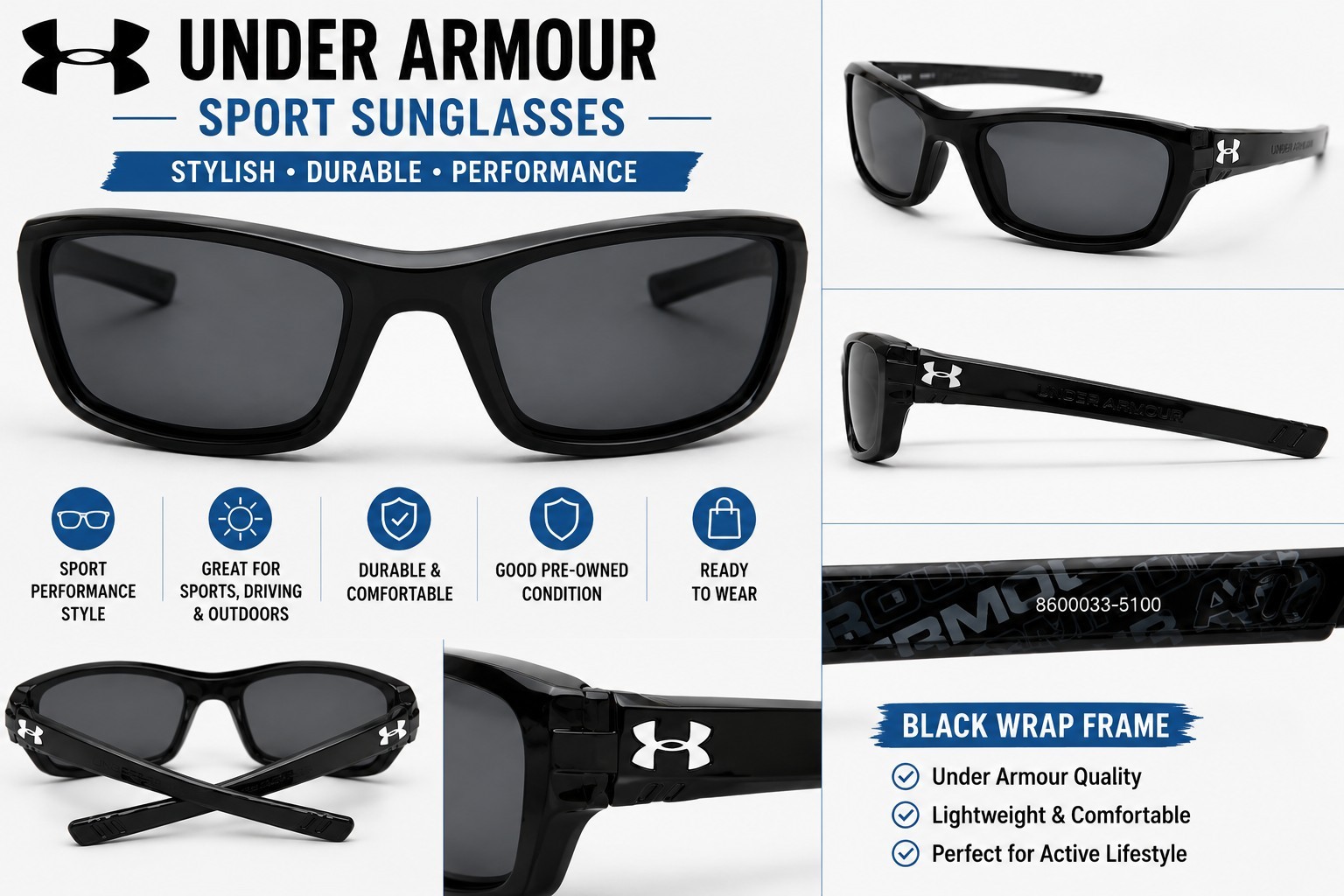 Under Armour Men’s Lightweight Wrap Sunglasses Black Frame Gray Tinted Lenses