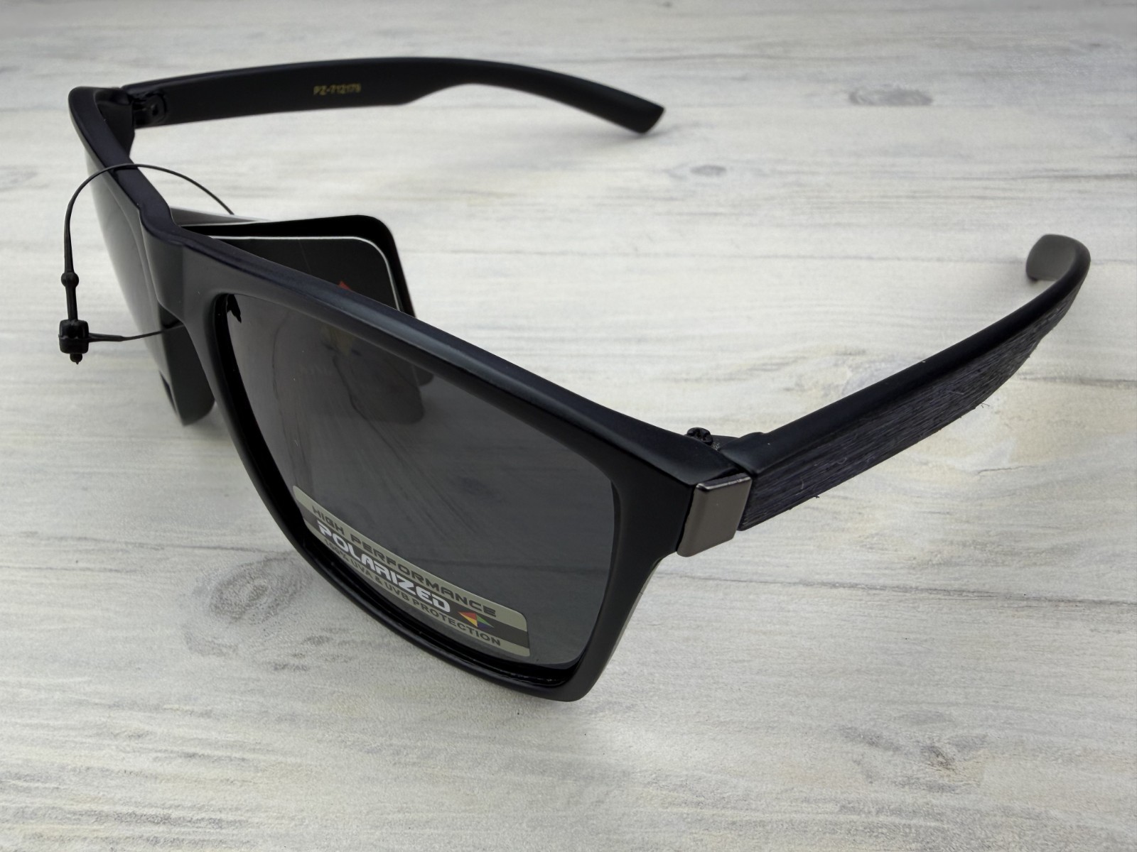 Polarized Sunglasses Black Frame Black/Blue Wood Grain Look Temples Gray Lens