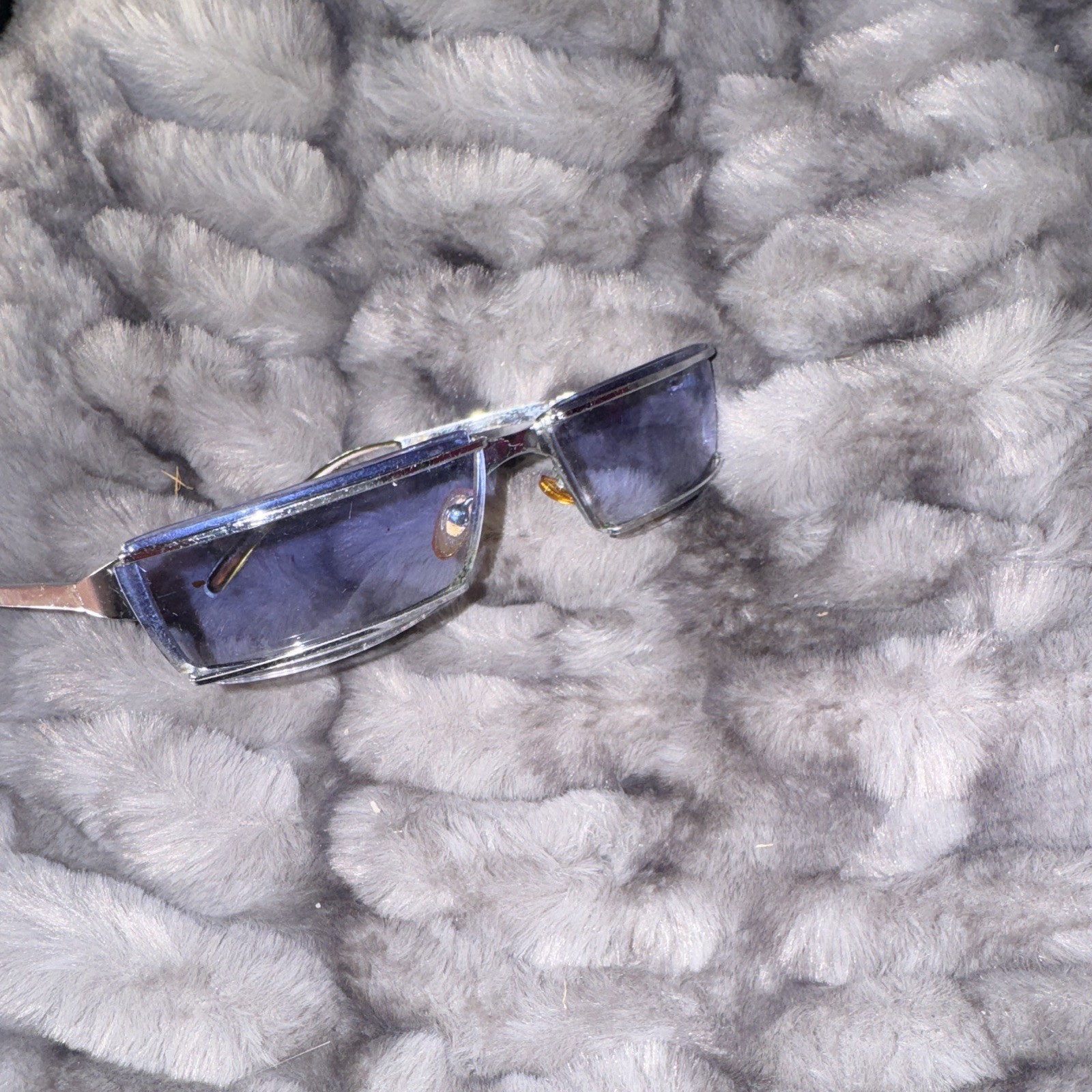 Men’s Rectangle Sunglasses Silver Metal Frame Blue Tinted Plastic Lenses
