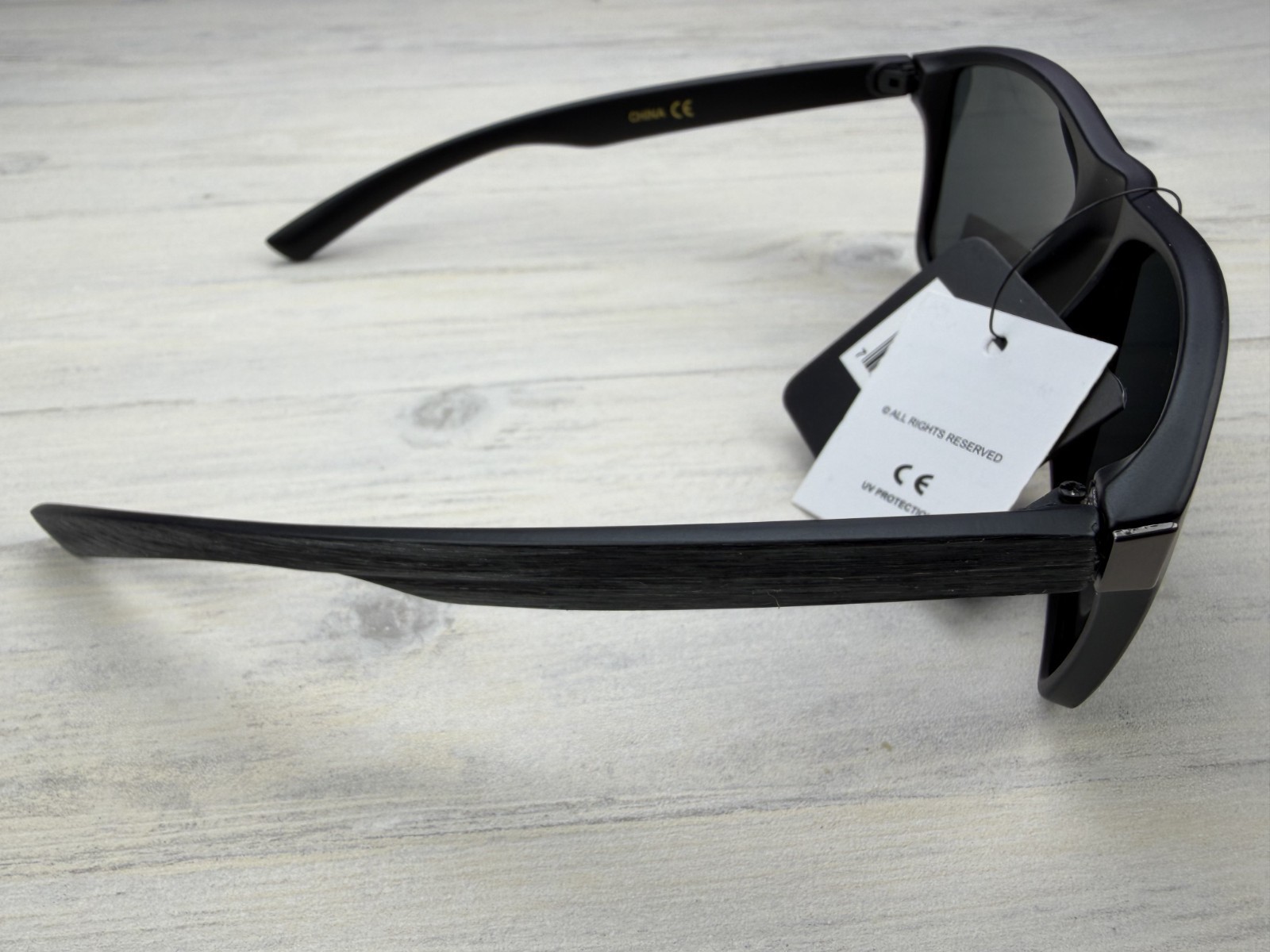 Polarized Sunglasses Black Frame Charcoal Wood Grain Look Temples Gray Lens