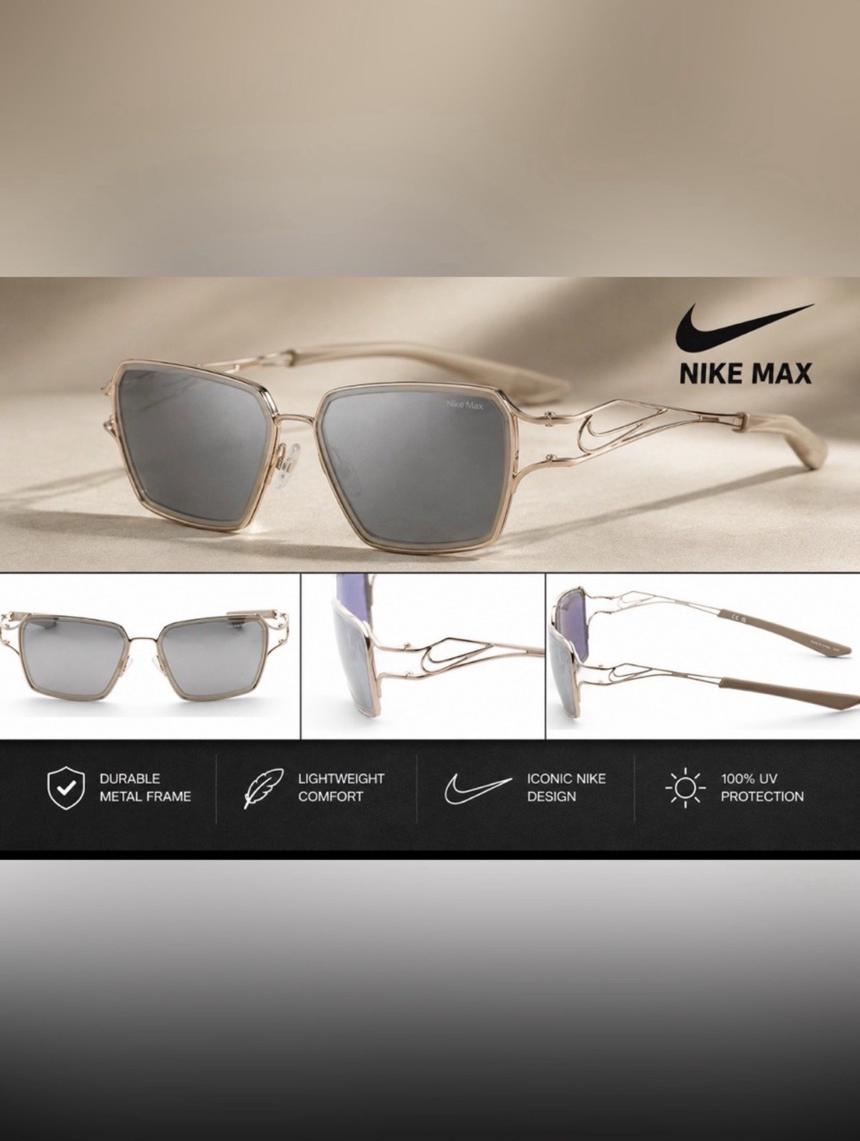 🔥Nike Veil Prism EV24049-708-57 Square Sunglasses Gold/Silver Mirror 57-14-135