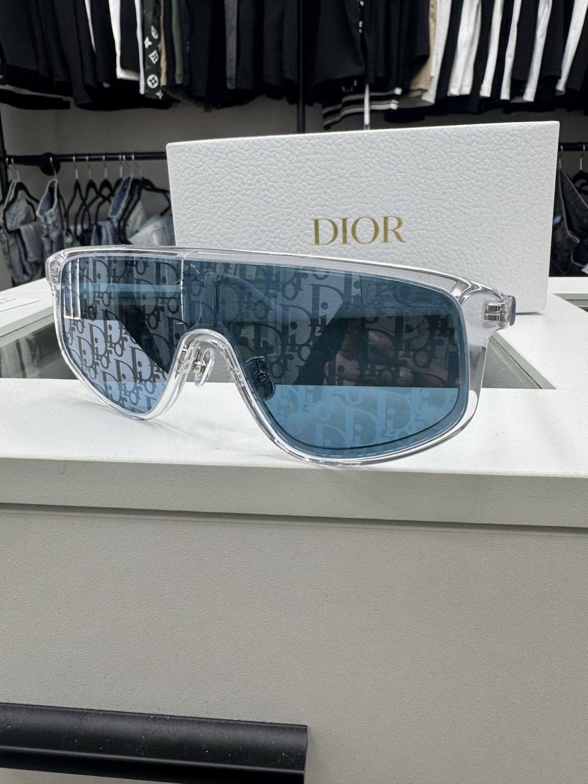 Dior DiorTag M1F Men’s Shield Sunglasses Clear Frame Blue Tinted Lenses