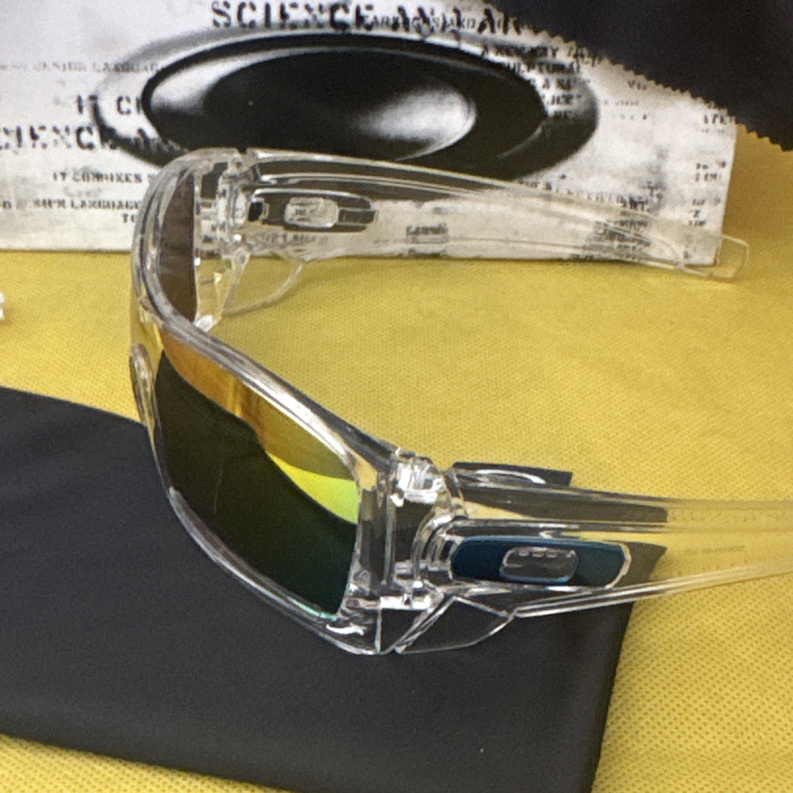 Oakley Men’s Wrap Shield Sunglasses Clear Frame Gold Mirrored Lens OO9101-07