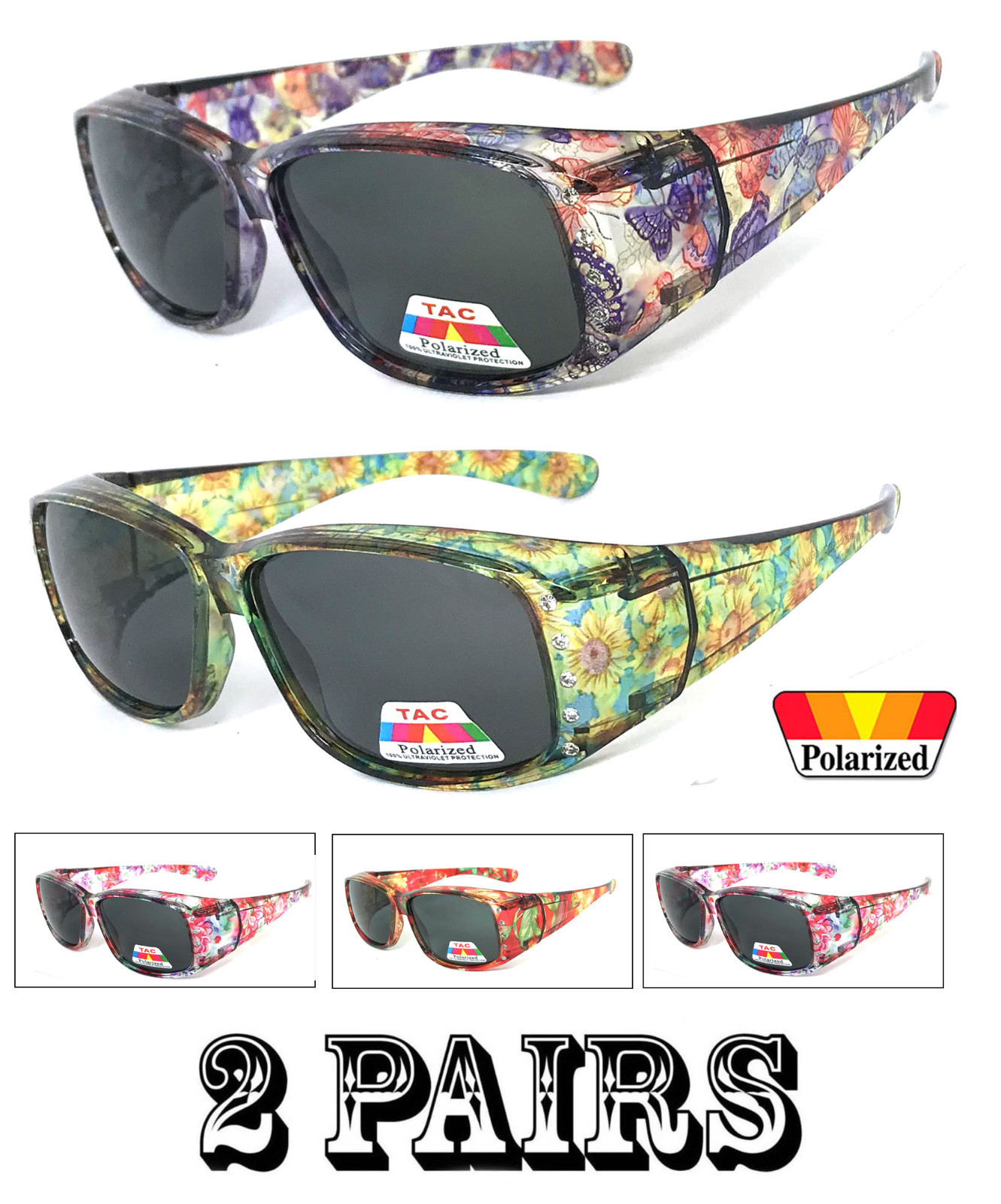 2 Pairs Combo Polarized FIT OVER Sunglasses Cover Rx Glasses Rhinestones