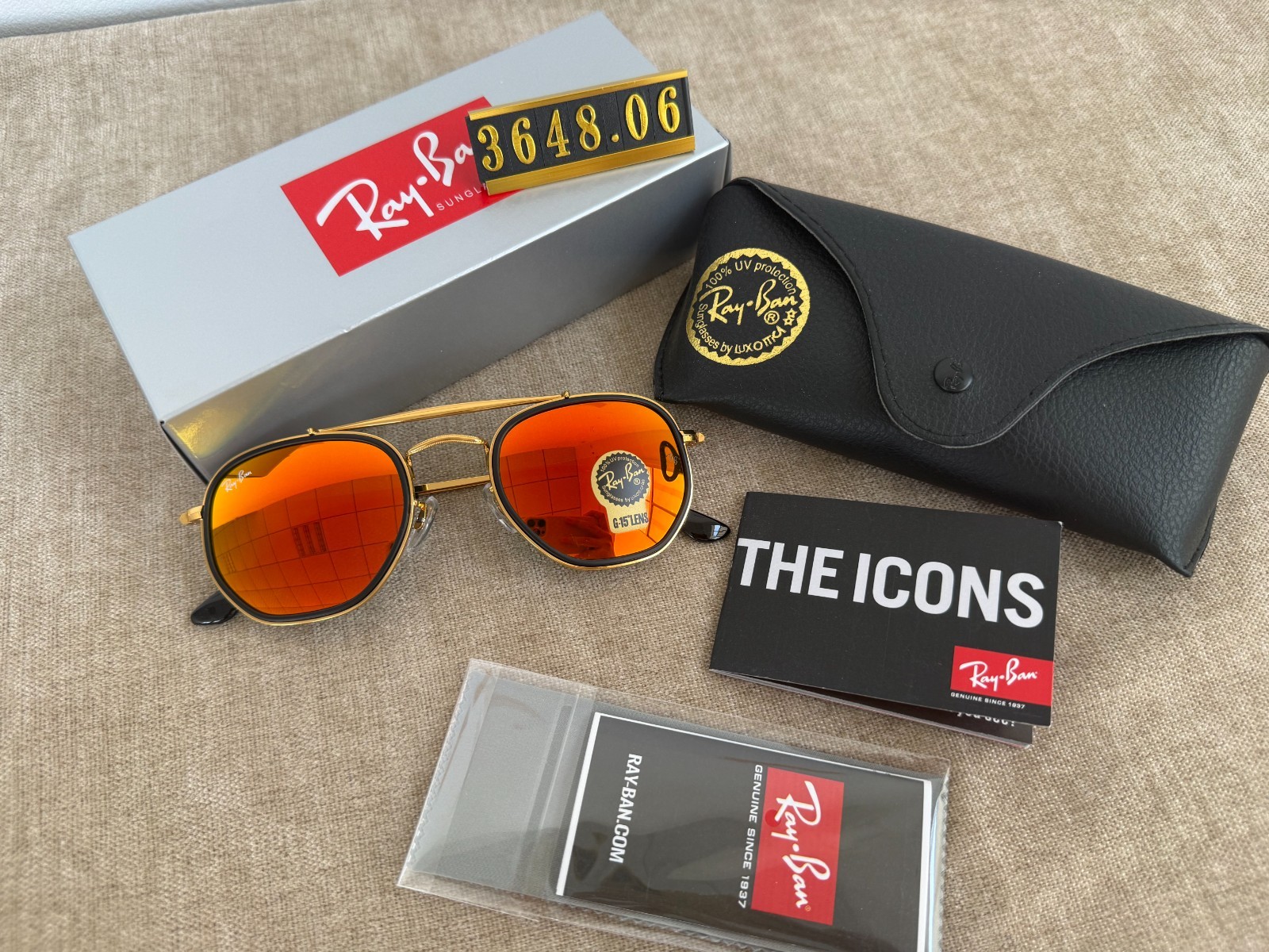 RAY-BAN RB3648 The Marshal Sunglasses Gold Frame 54mm Orange Mirror Lens