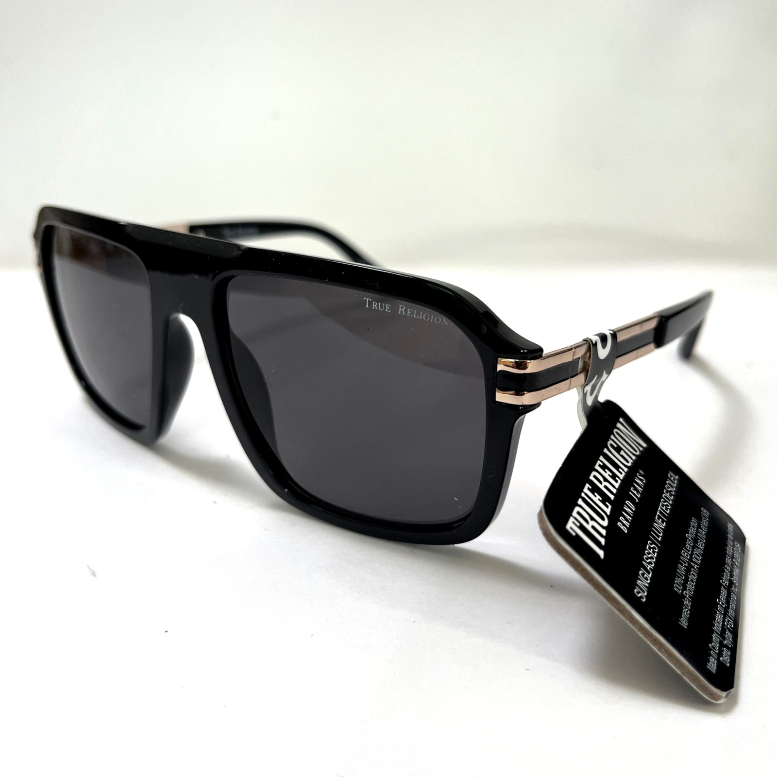 New TRUE RELIGION Aviator Sunglasses Acetate Black Classic Logo Gold Stripes