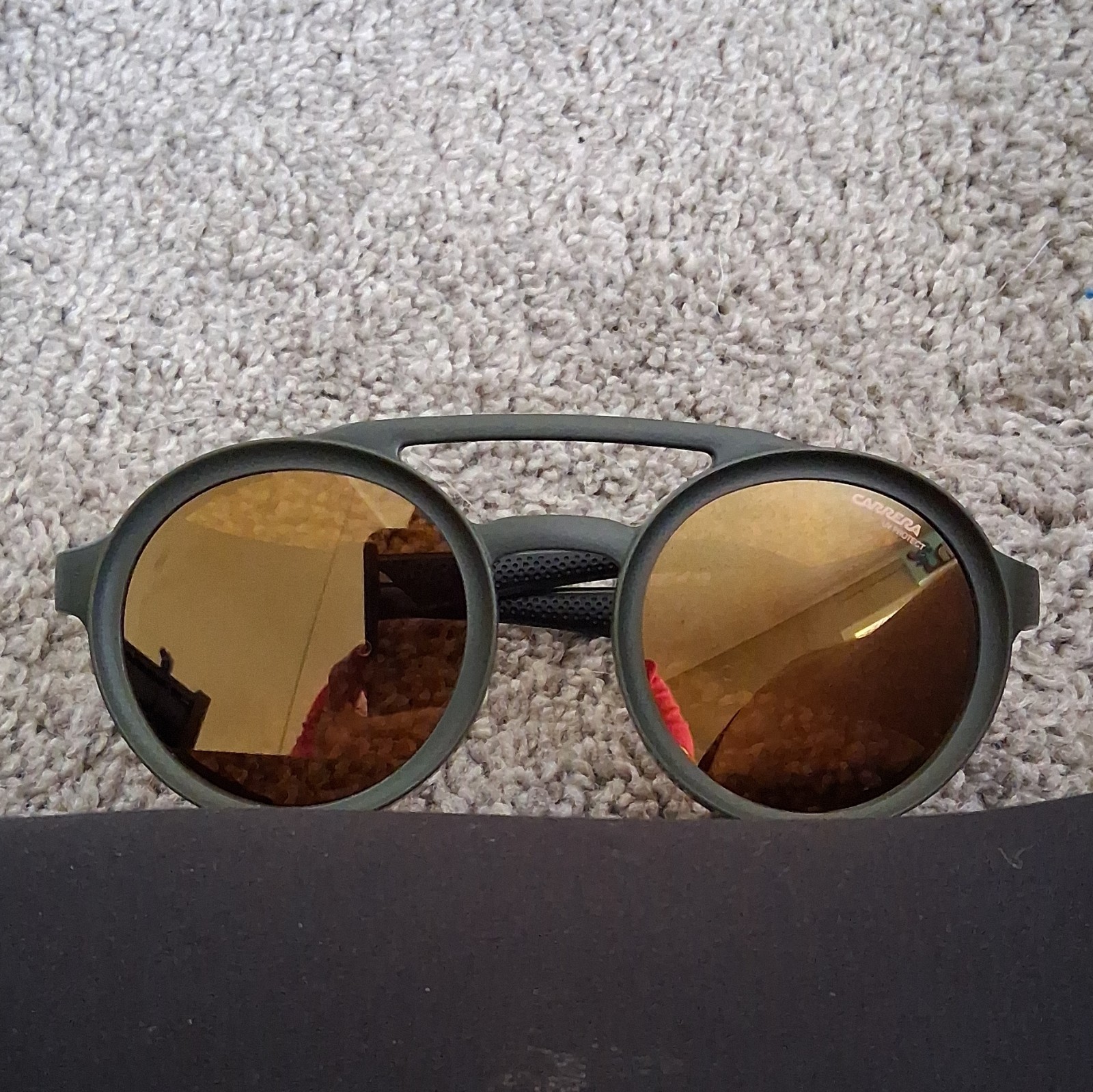 Carrera Men’s Designer Round Sunglasses Green Plastic Frame Brown Mirrored UVA
