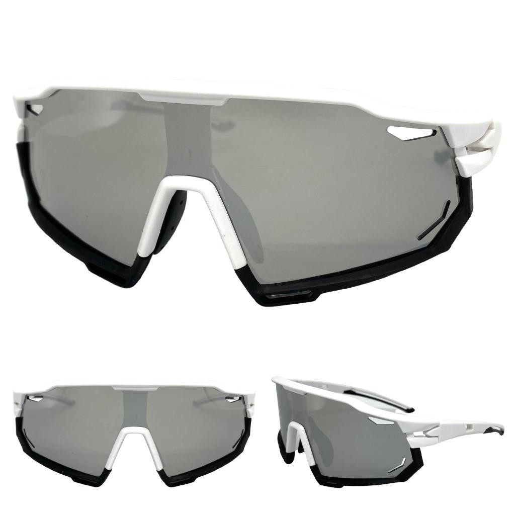 Oversized Retro Sports Wrap Around Cycling Running SUN GLASSES Large White Frame