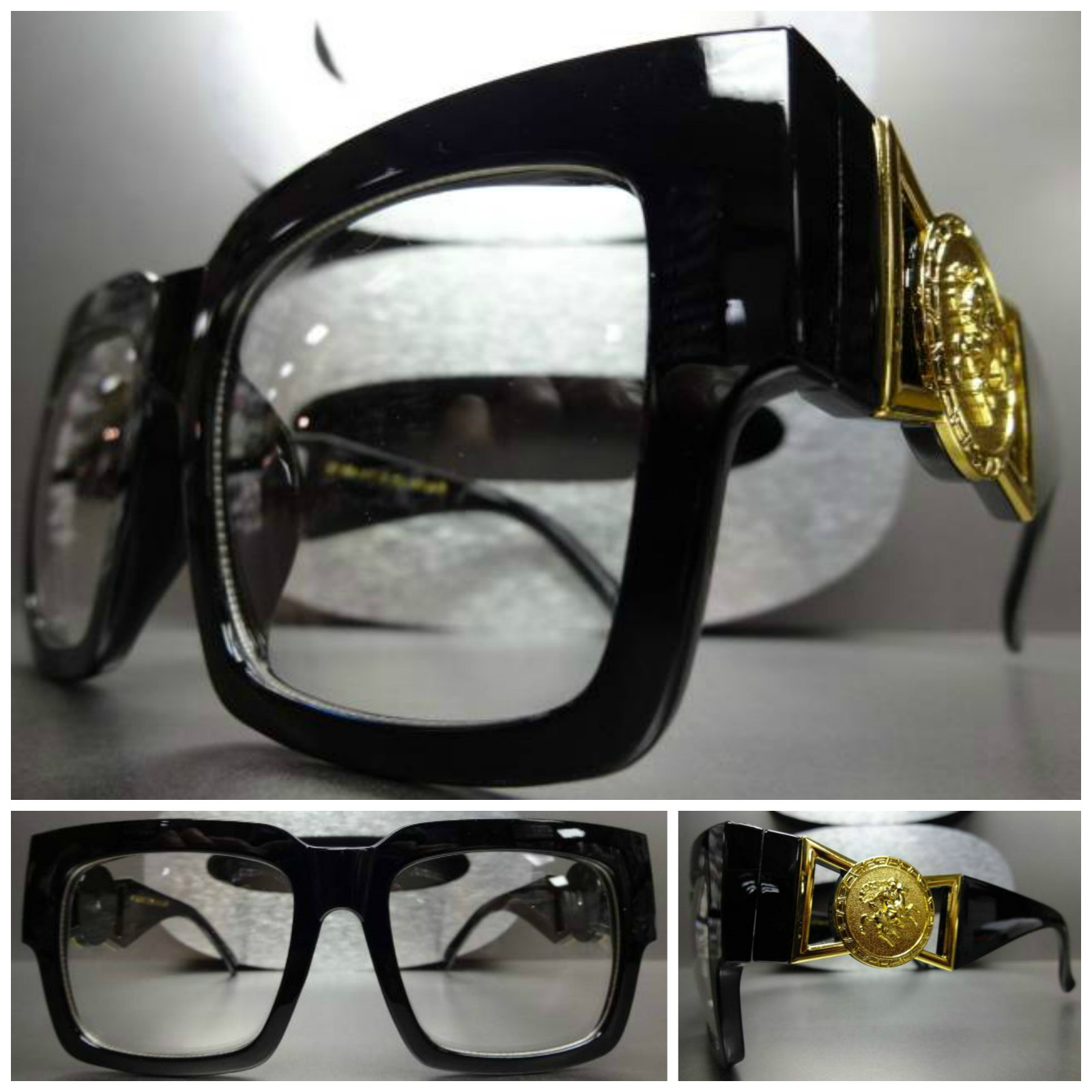 CLASSIC VINTAGE RETRO Clear Lens EYE GLASSES Thick Black Fashion Frame Gold Logo
