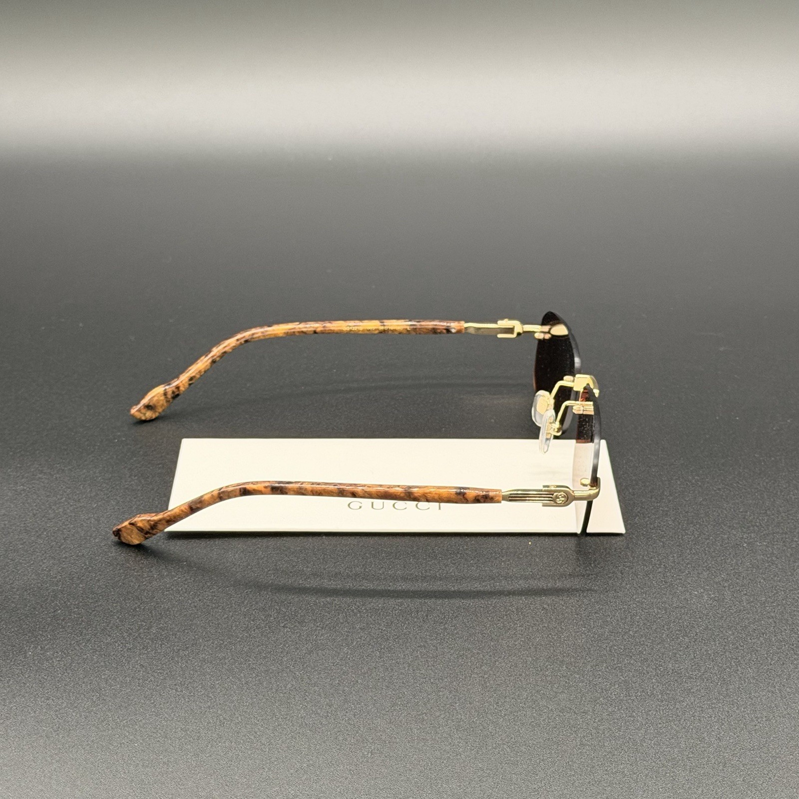 Gucci GG1221S 004 Rimless Sunglasses Brown Marble Gold Mirror Lens Ships Today