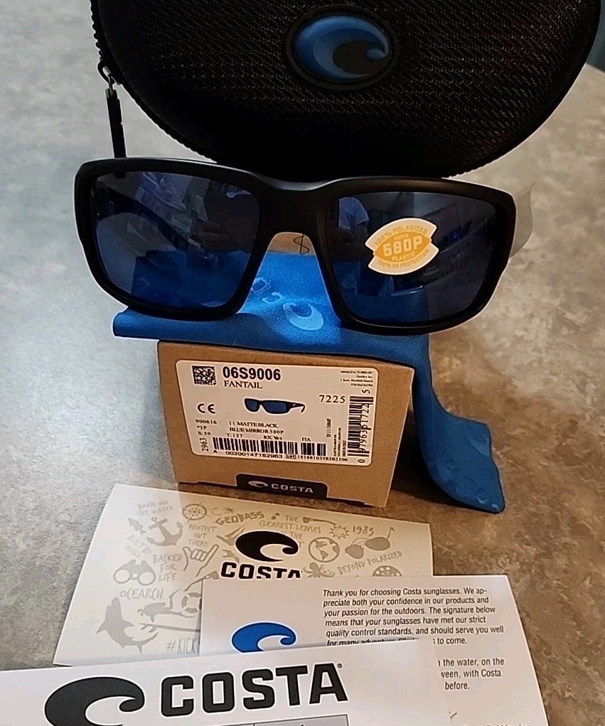 🔥 COSTA DEL MAR Fantail POLARIZED Sunglasses Matte Black/BLUE Mirror 580P NEW