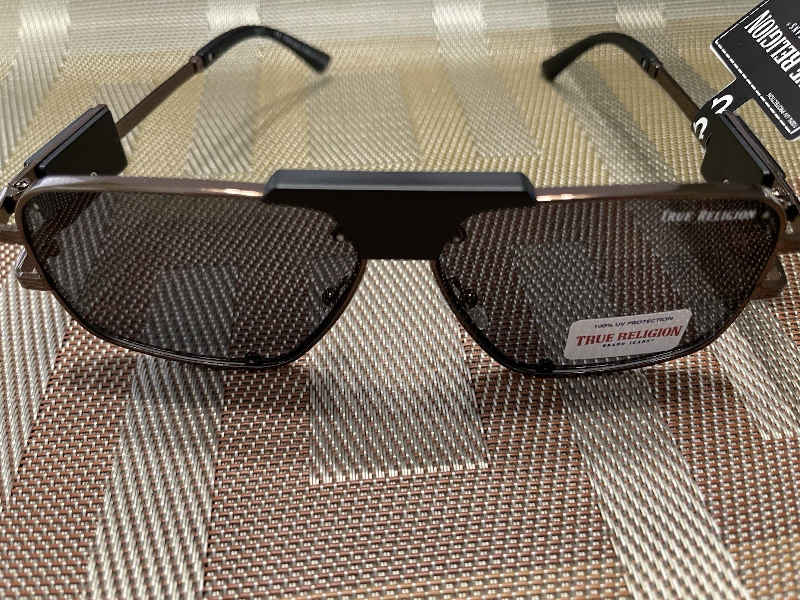 TRUE RELIGION Antique Bronze Black Metal Aviator Sunglasses Black UV Lenses NWT
