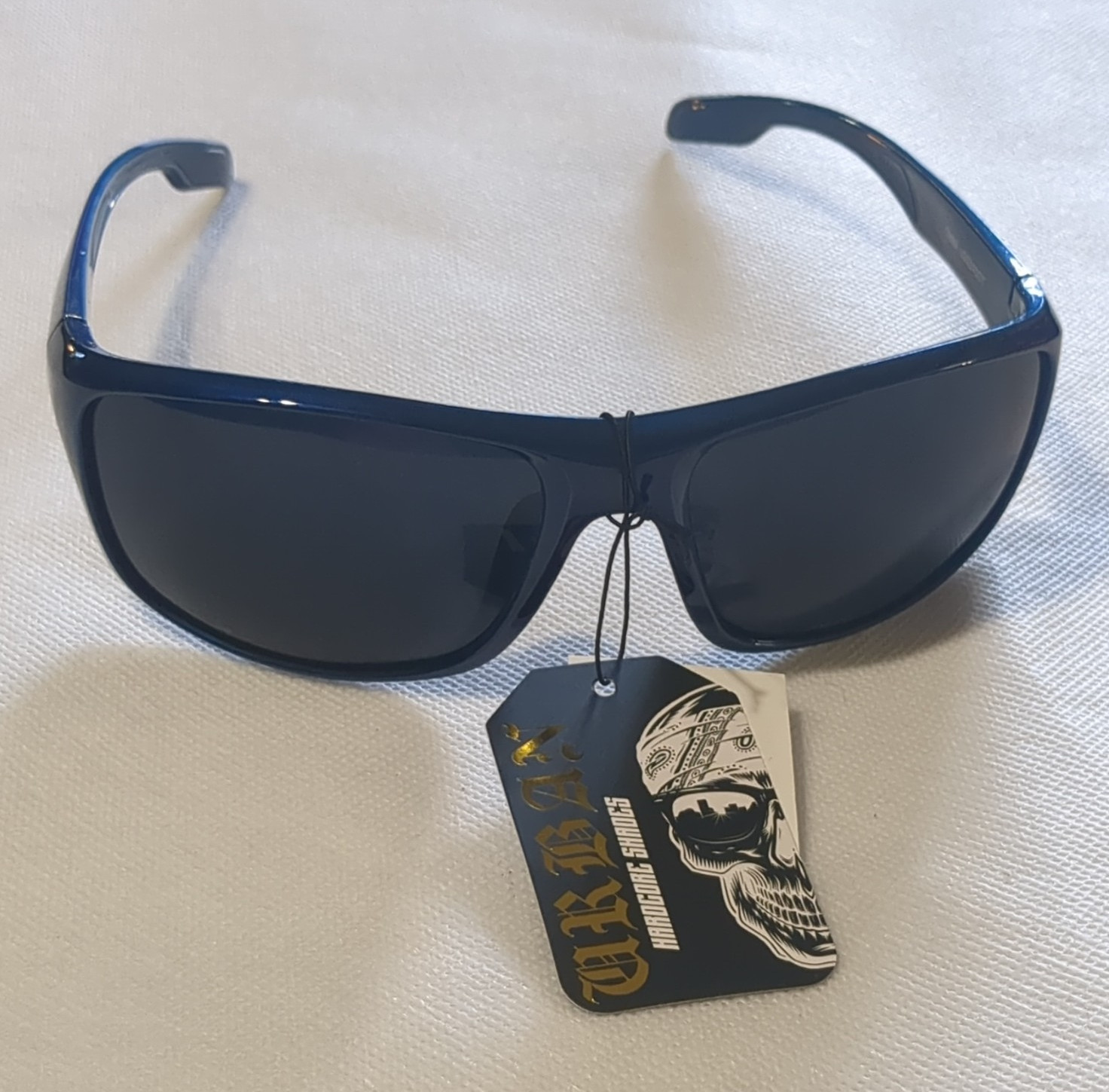 Urban Men’s Wrap Sunglasses Blue Plastic Frame Gray Tinted Plastic Lenses