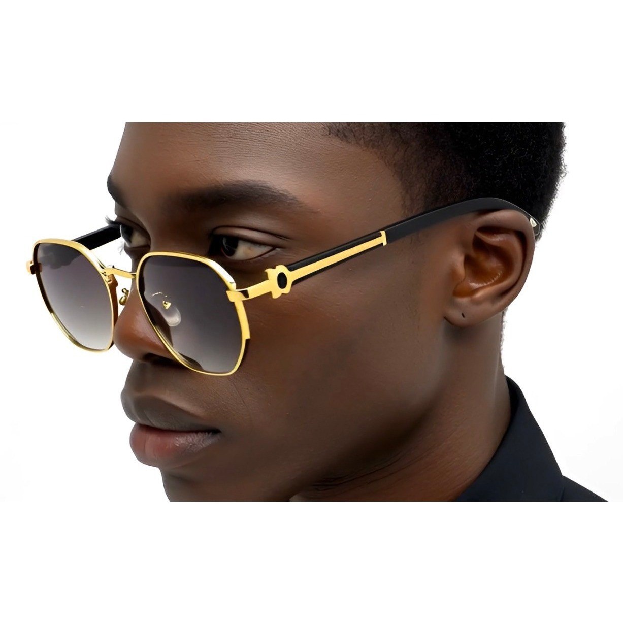 Mens Geometric Gold Metal Sunglasses Grey Gradient Lens Black Wood Grain Style