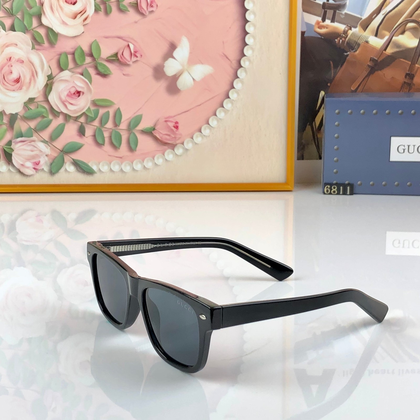 Gucci GG0746S Square Sunglasses Black Acetate Frame Solid Grey Lens 57-17-145