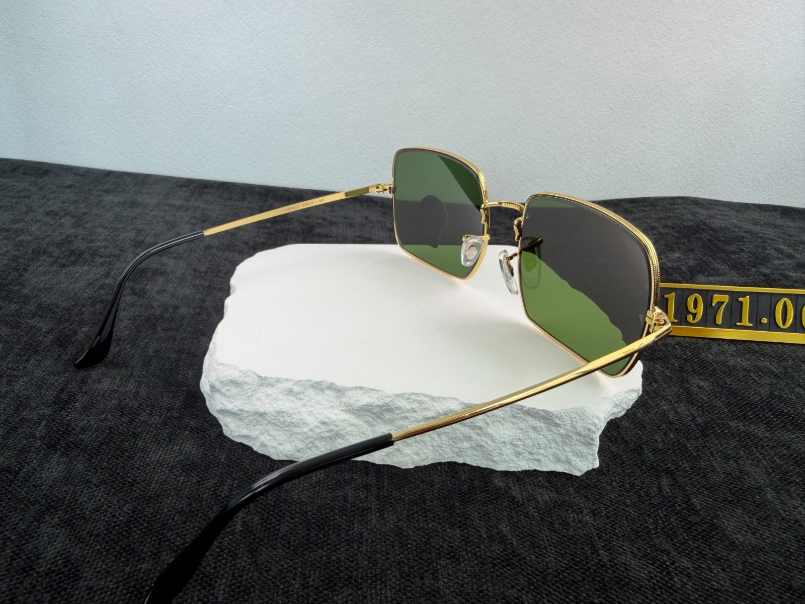 Ray-Ban RB1971 Square Sunglasses, Gold Frame, Solid Green G-15 Lens