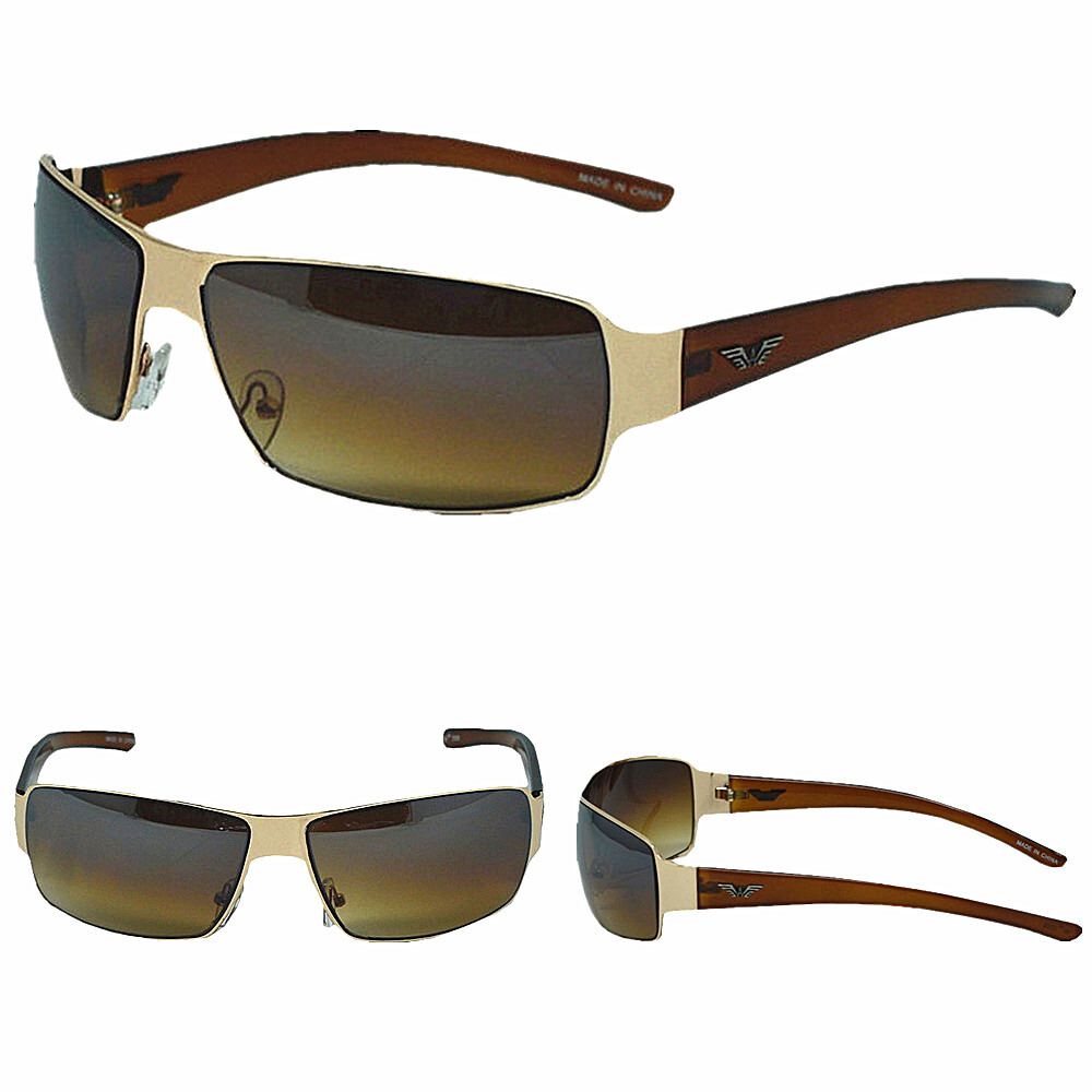 Mens Rectangular Wrap Around Retro Sunglasses Vintage Sports Eagle Brown Eyewear