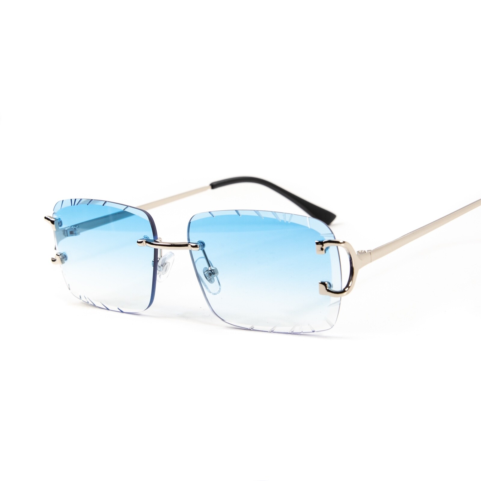 Gem Cut Sky Blue Tint Silver Frame Hip Hop Rimless Luxury Square Sunglasses