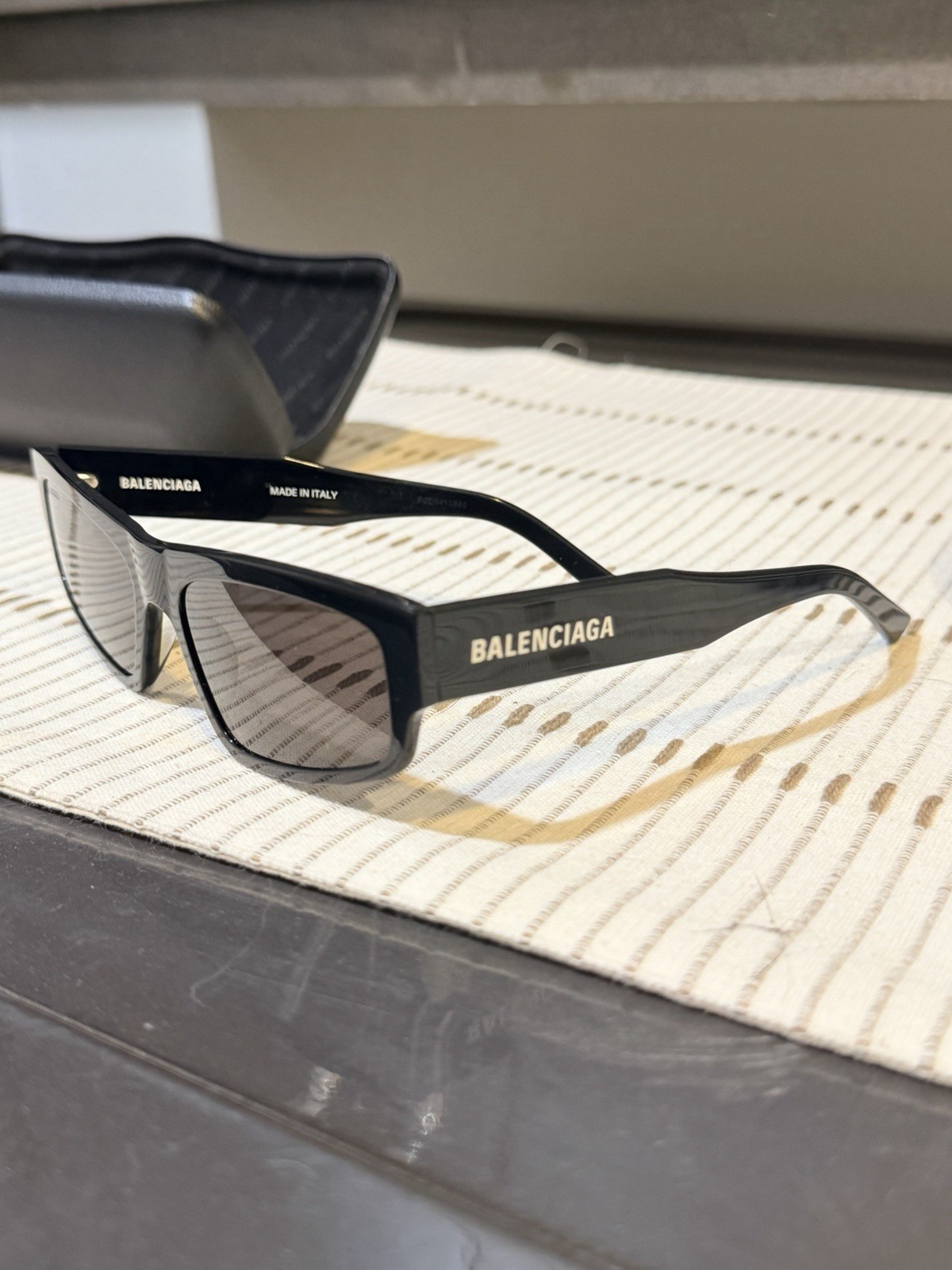 Balenciaga BB0305S Rectangular Sunglasses Black Plastic Frame Grey Tinted 145mm