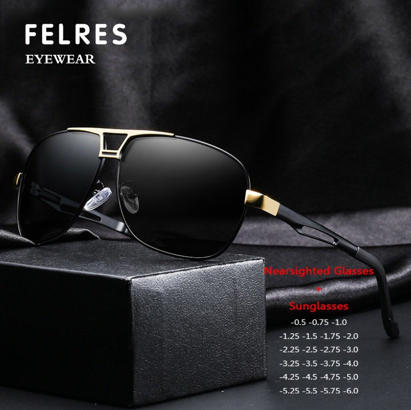 Men Square Metal Tinted Nearsighted Myopia Eyeglasses Outdoor Driving Sunglasses