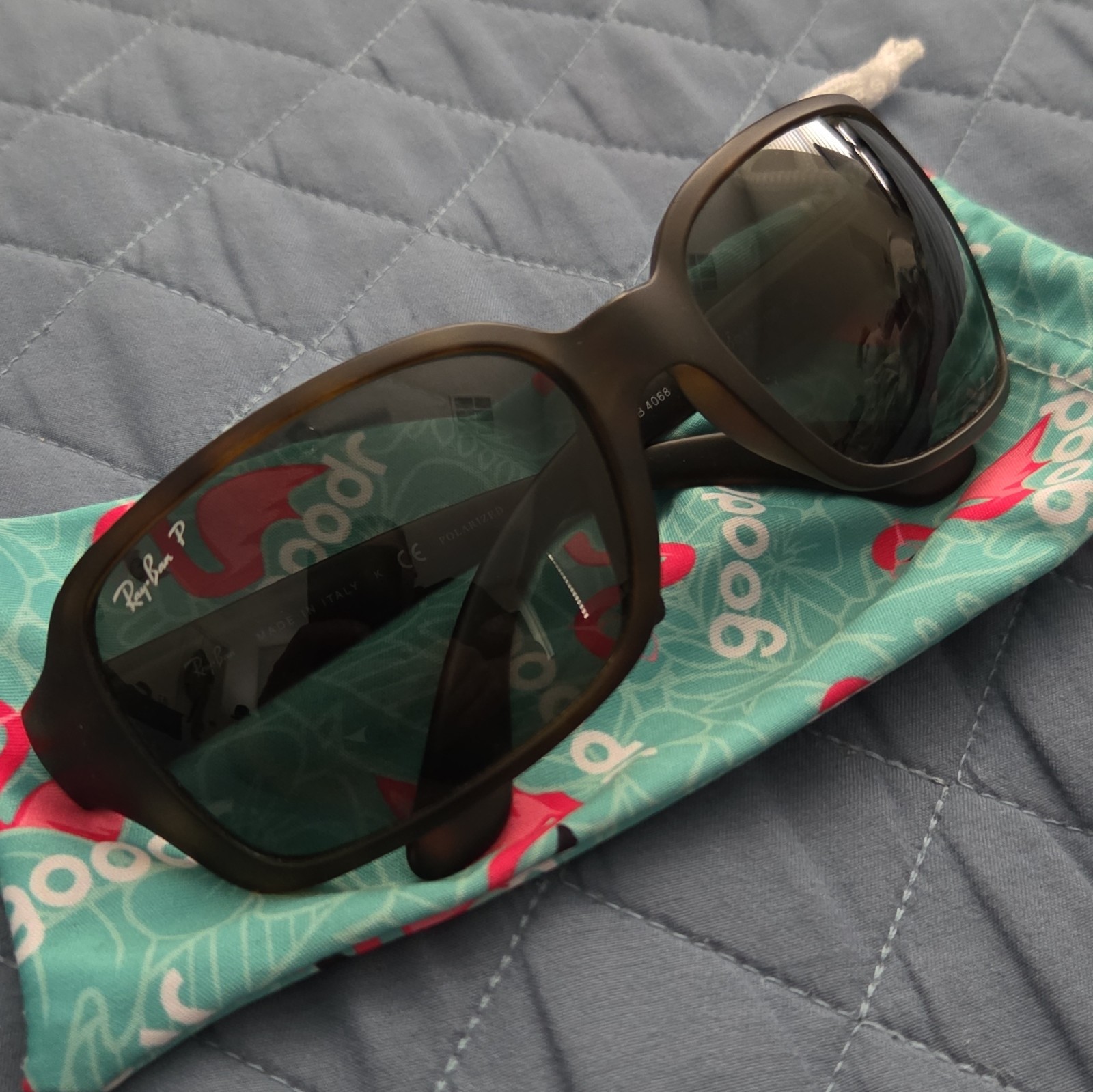 Ray-Ban RB4068 Polarized Square Sunglasses Brown Plastic Frame Green Lenses