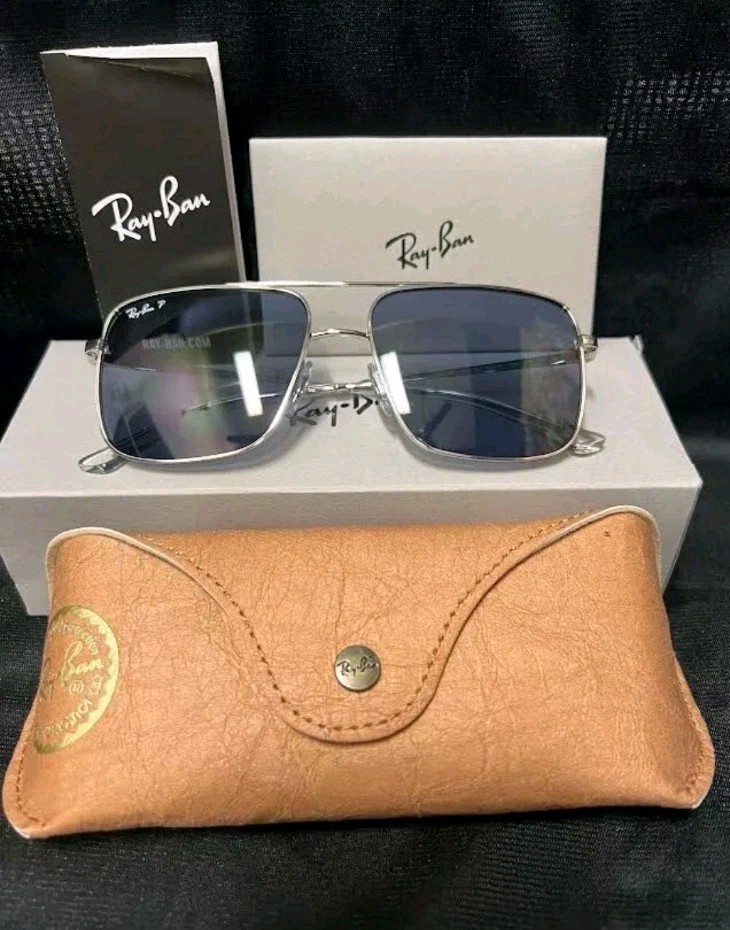 RAY-BAN POLARIZED ARI SUNGLASSES RB3758 003/2V SILVER FRAME BLUE LENS 145mm