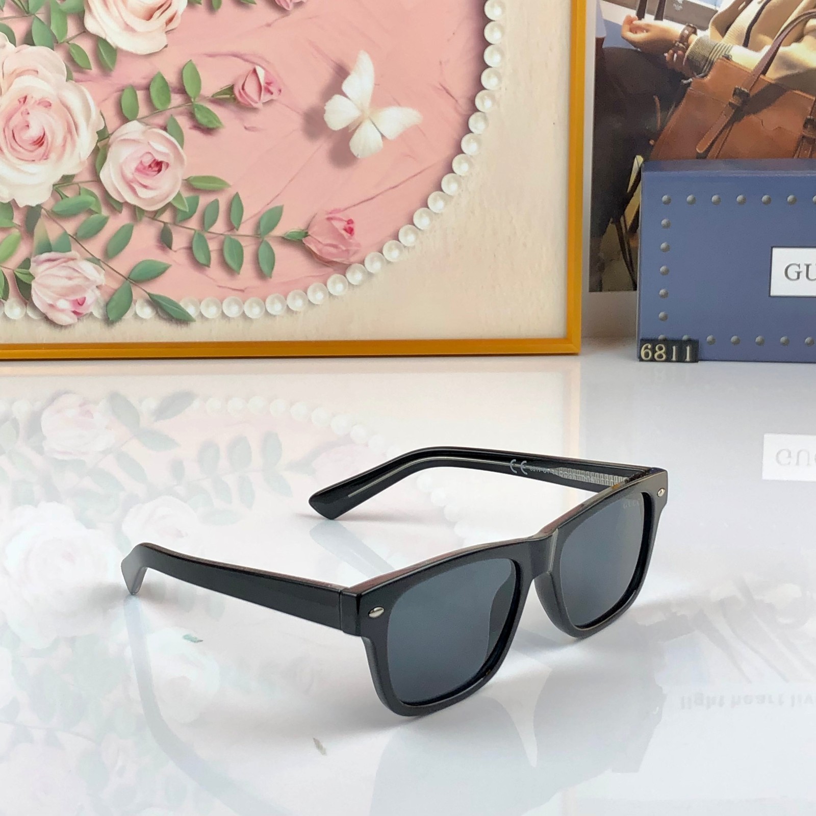 Gucci GG0746S Square Sunglasses Black Acetate Frame Solid Grey Lens 57-17-145
