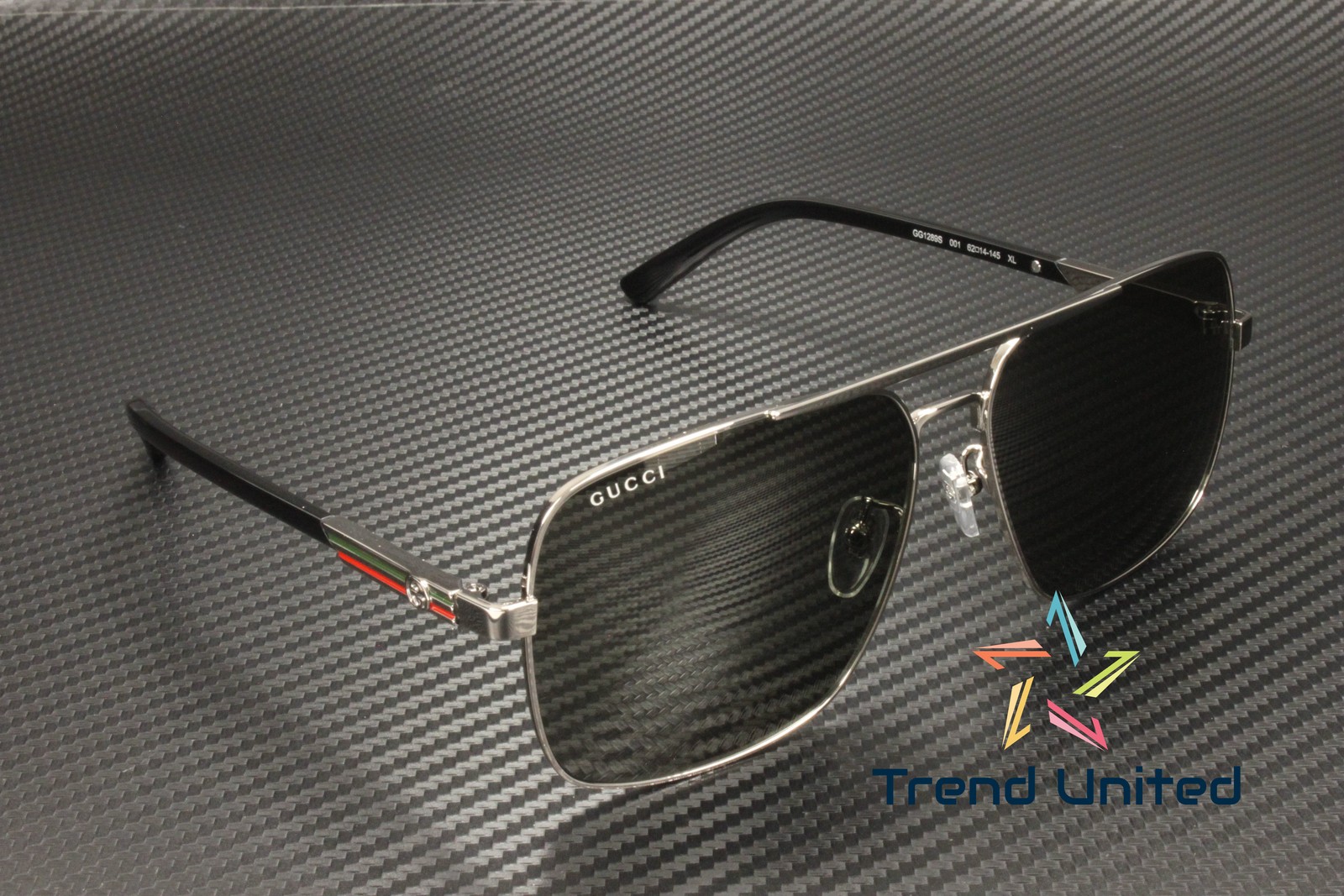 GUCCI GG1289S 001 Rectangular Metal Ruthenium Black Grey 62 mm Men’s Sunglasses