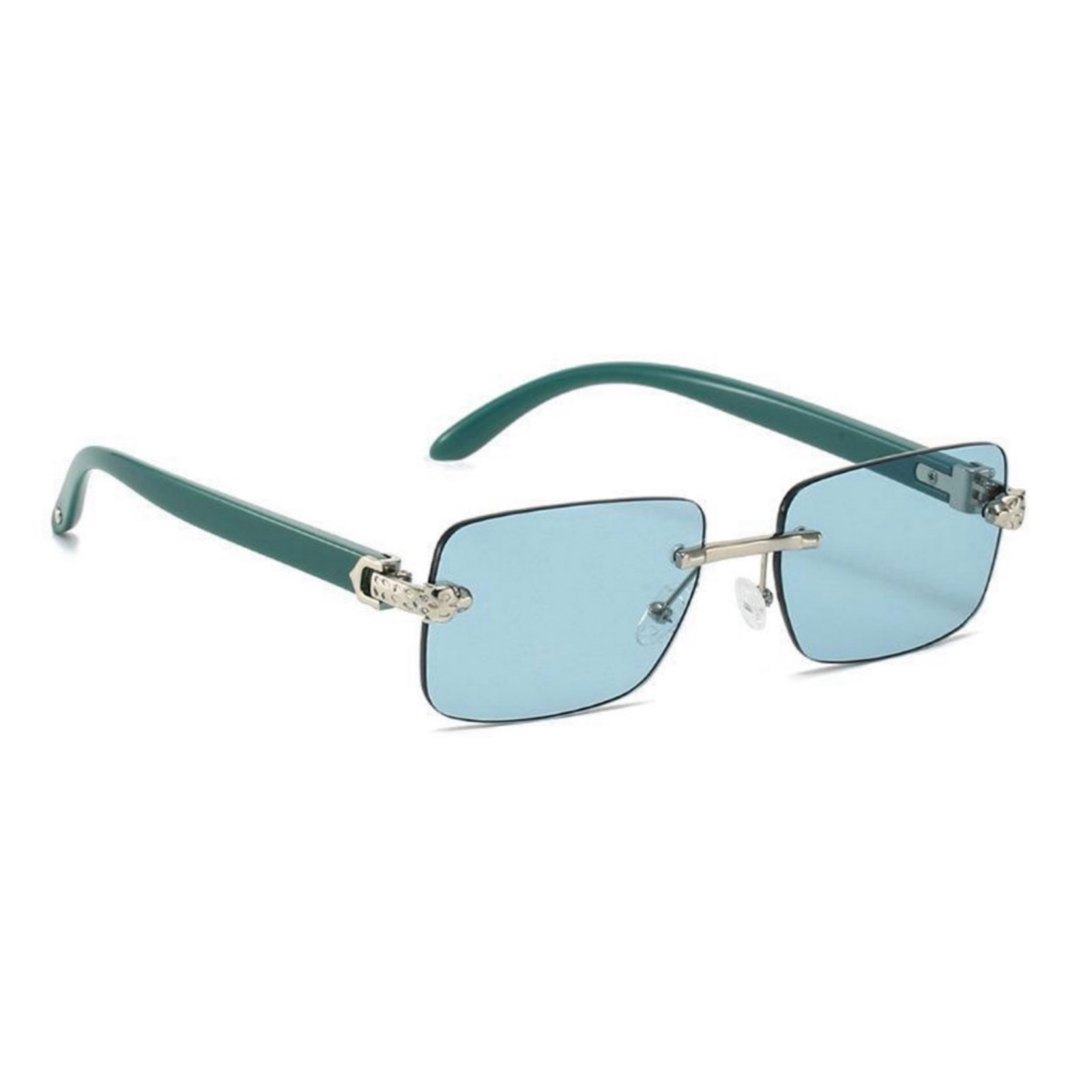 Mens Leopard Head Turquoise Tint Rimless Gold Frame Hip Hop Buffs Sunglasses