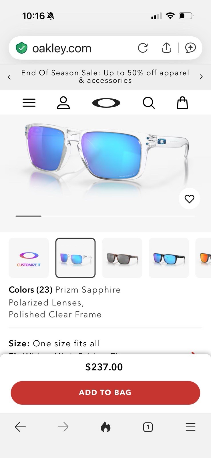 Oakley Holbrook XL Polarized Sunglasses Clear/Prizm Sapphire