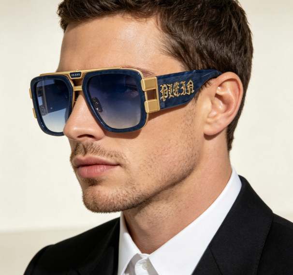 Philipp Plein SPP128M Blue Marble Sunglasses Gold Trim Blue Gradient Lens 56-21-