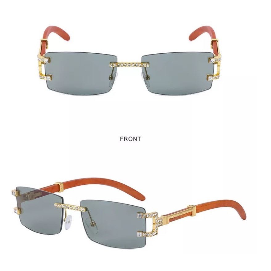 Mens Rimless Rectangle Sunglasses Gold Wood Grain Crystal Iced Out Grey Lens New