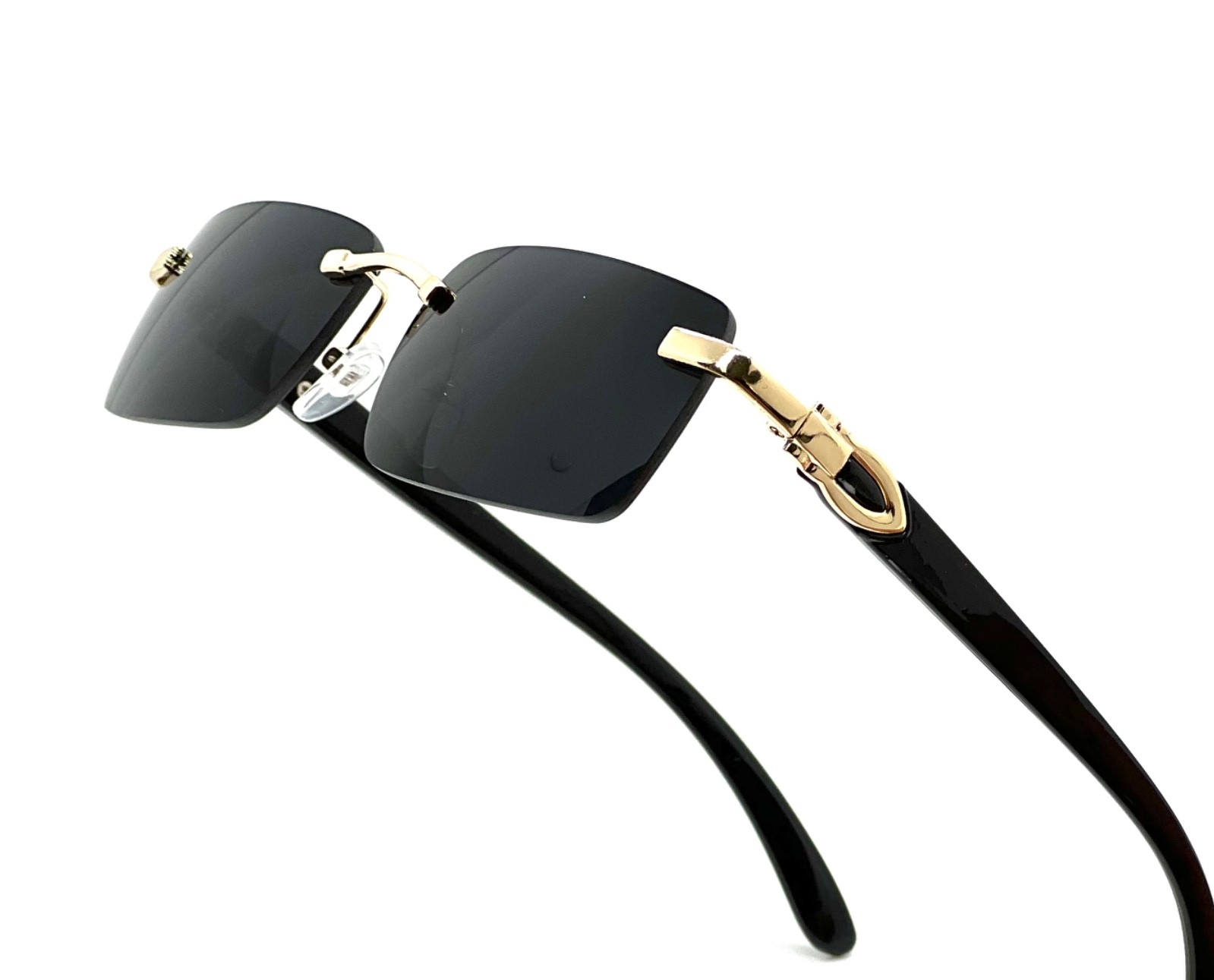 Men’s Vintage Gold Frame Rimless Hip Hop Black Woodgrain Clear Lens Glasses