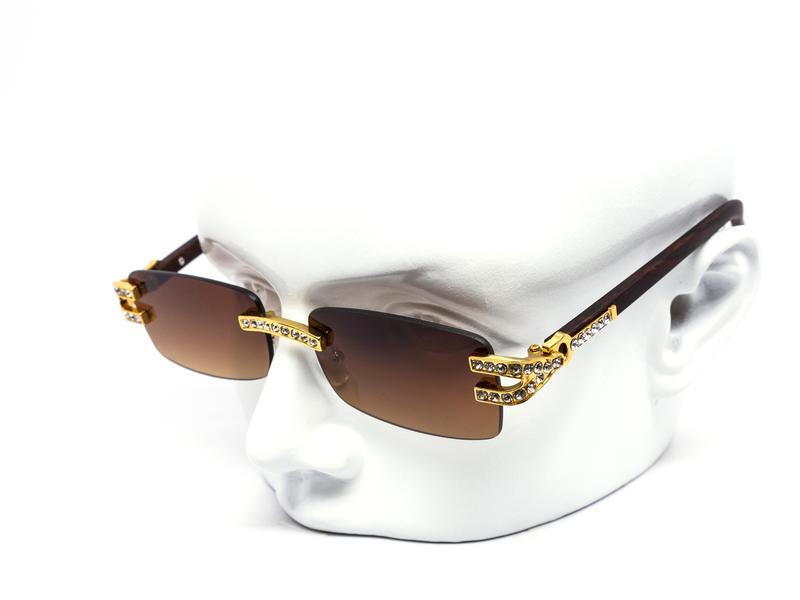Men’s Clear Lens Rimless Woodgrain Gold Frame Hip Hop Luxury Vintage Glasses