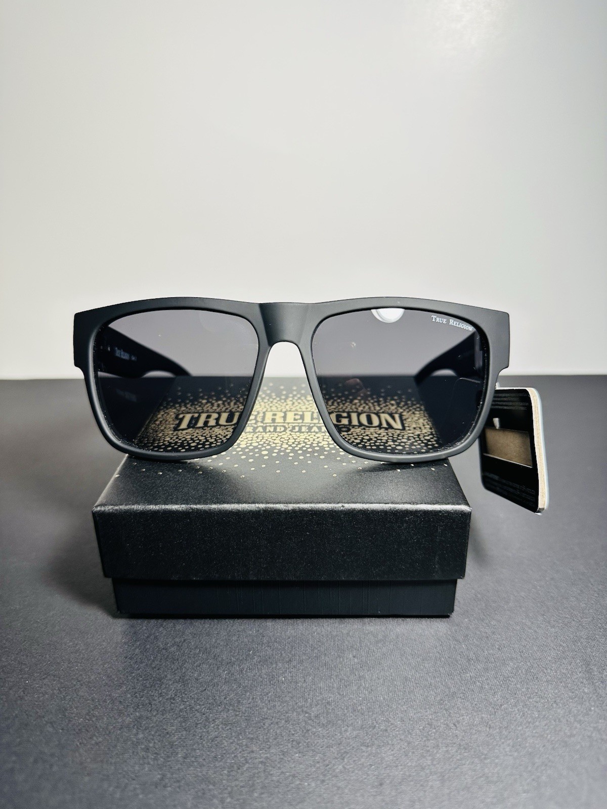 True Religion Matte Black Sunglasses UV400 Gold Logo New With Tag