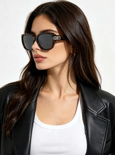 BALENCIAGA BA2360 54-19-143 Tortoise Square Sunglasses Silver Double B Logo