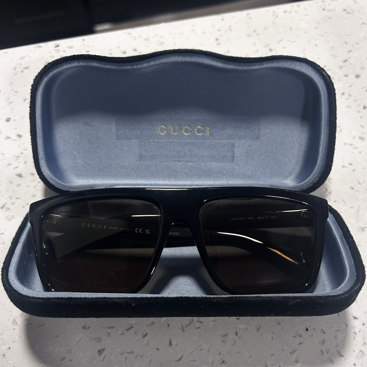 Gucci GG0748S 002 Black Rectangle Sunglasses Brown Tinted Lenses 145mm