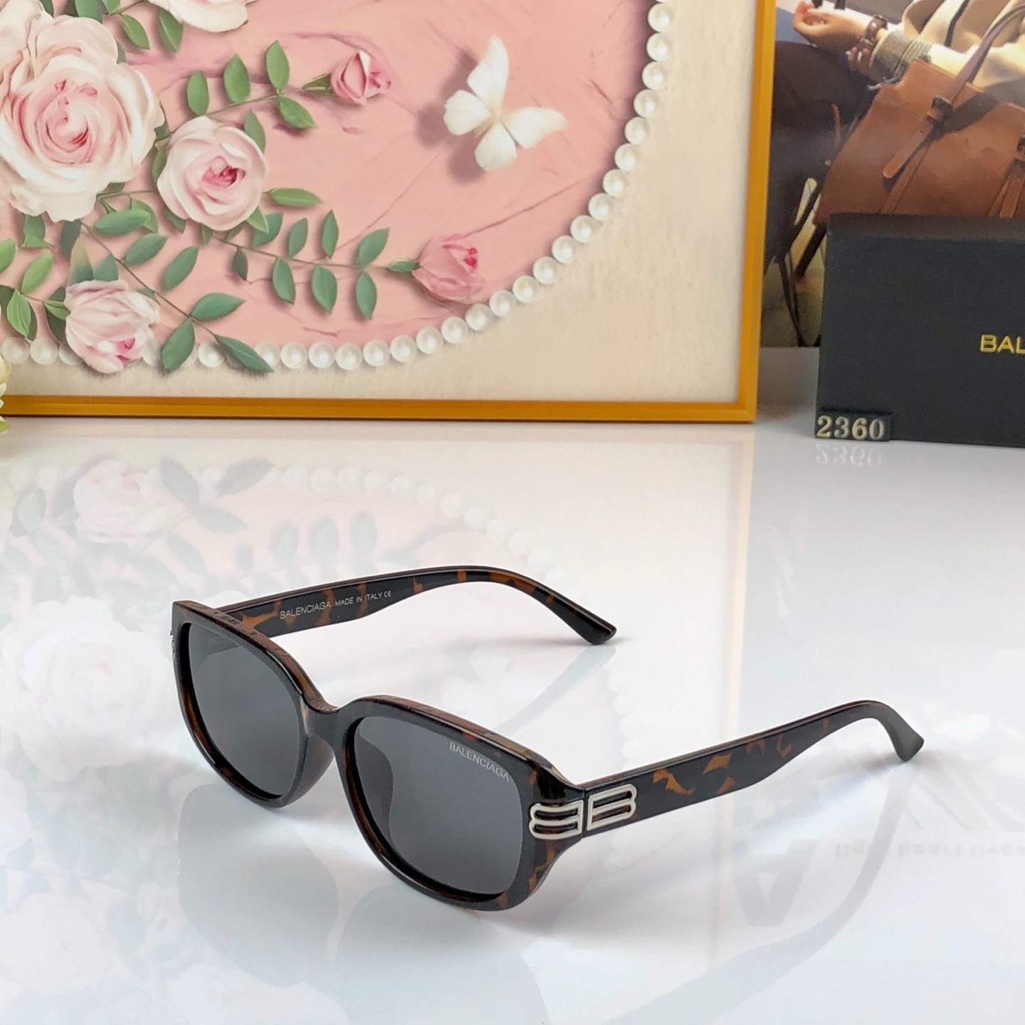 BALENCIAGA BA2360 54-19-143 Tortoise Square Sunglasses Silver Double B Logo