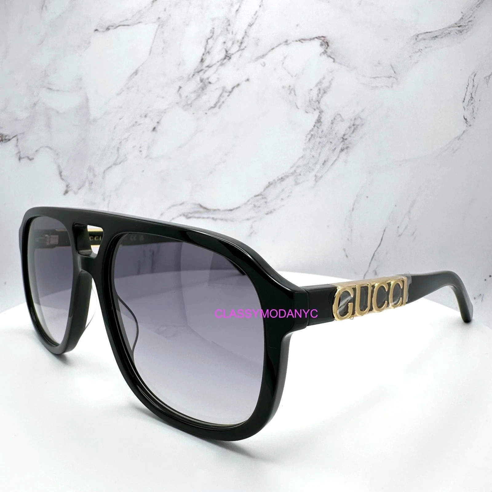 GUCCI Sunglasses Black Acetate Aviator Pilot Gold Metal Letter Logo 58mm