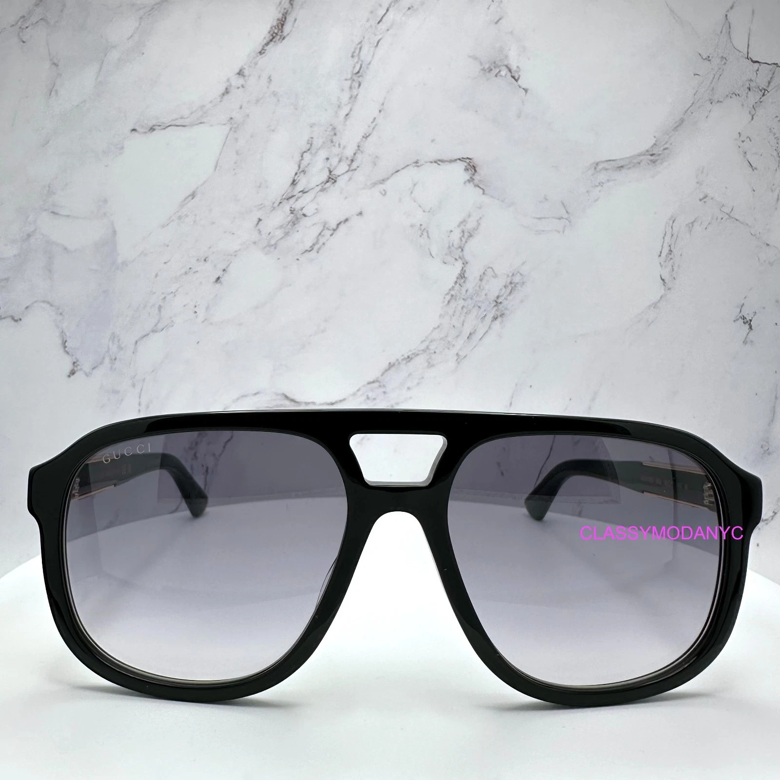 GUCCI Sunglasses Black Acetate Aviator Pilot Gold Metal Letter Logo 58mm