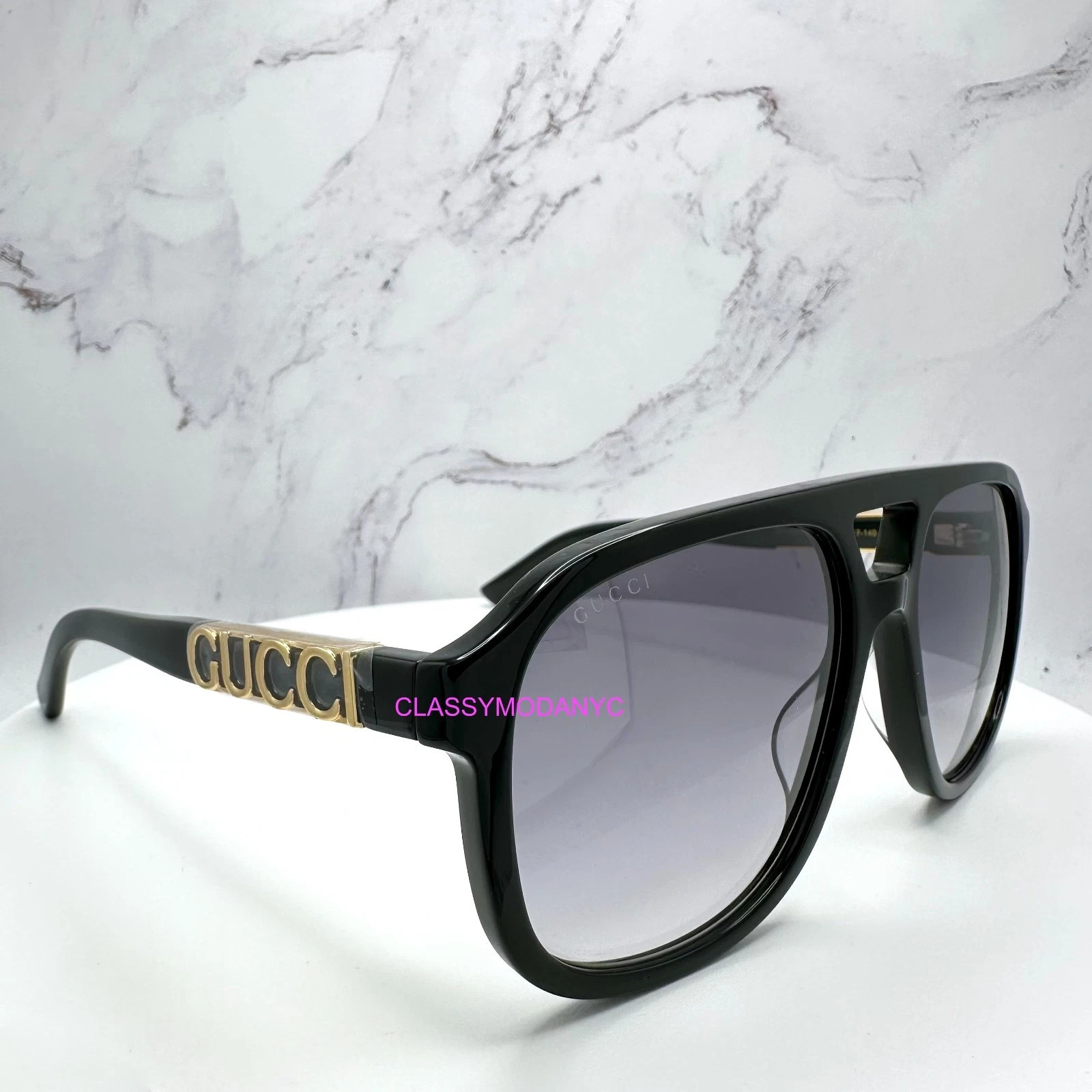 GUCCI Sunglasses Black Acetate Aviator Pilot Gold Metal Letter Logo 58mm