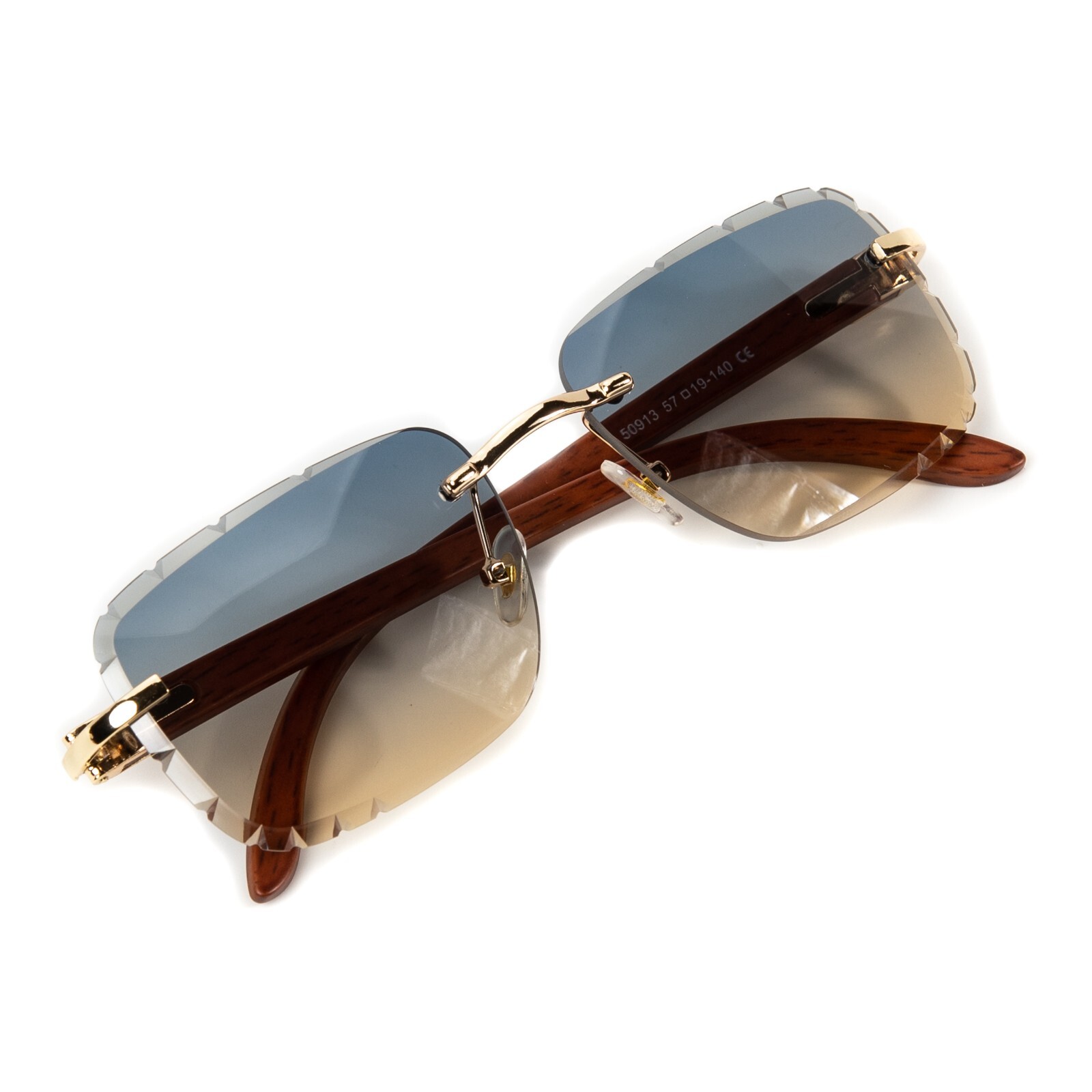 Men’s Rimless Gray tan Gradient Tint Hip Hop Gold Frame Woodgrain Sunglasses