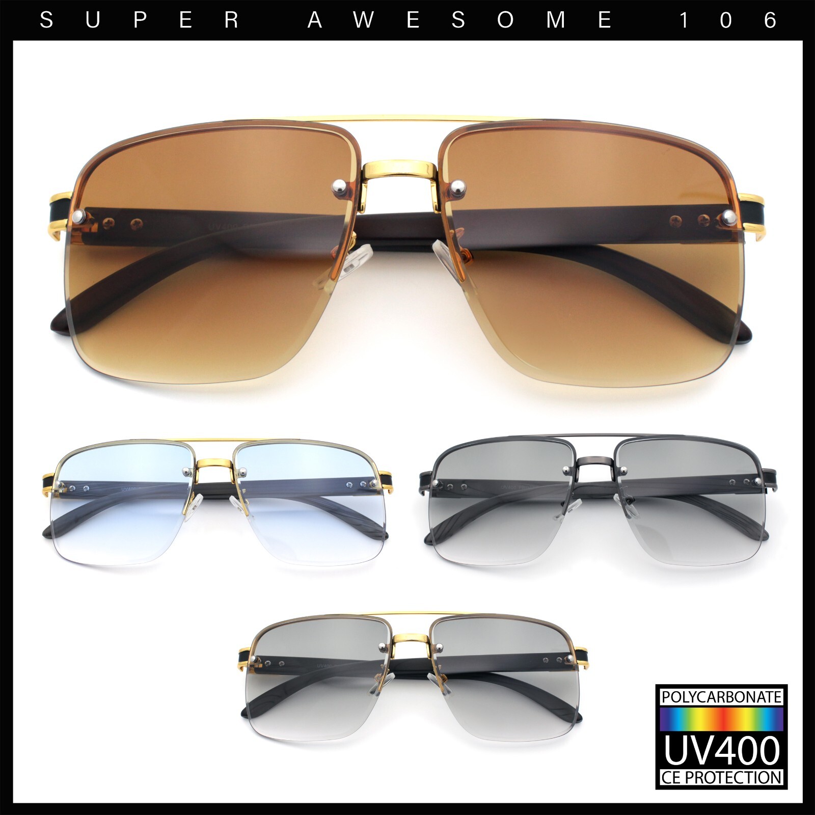 Mens Rectangle Double Bridge Half Rim Wood Grain Arm Mob Sunglasses