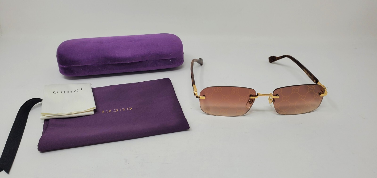 Gucci Rectangular Rimless Sunglasses w/Case GG1221S 004, Gold /Brown 140mm NEW