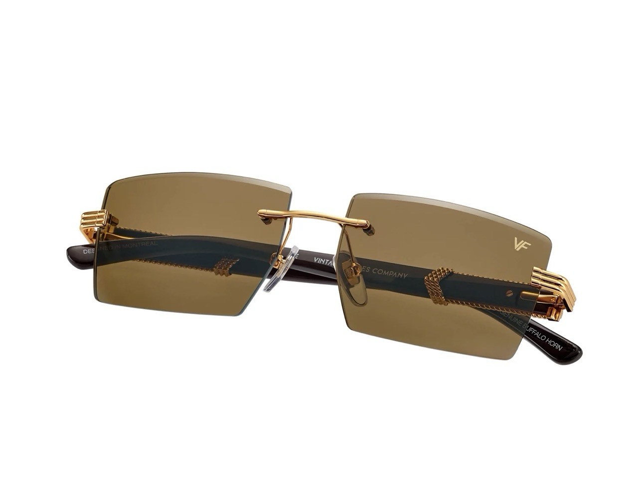 RIMLESS BLACK BUFFALO HORN SUNGLASSES with 24KT GOLD accents by Vintage Frames