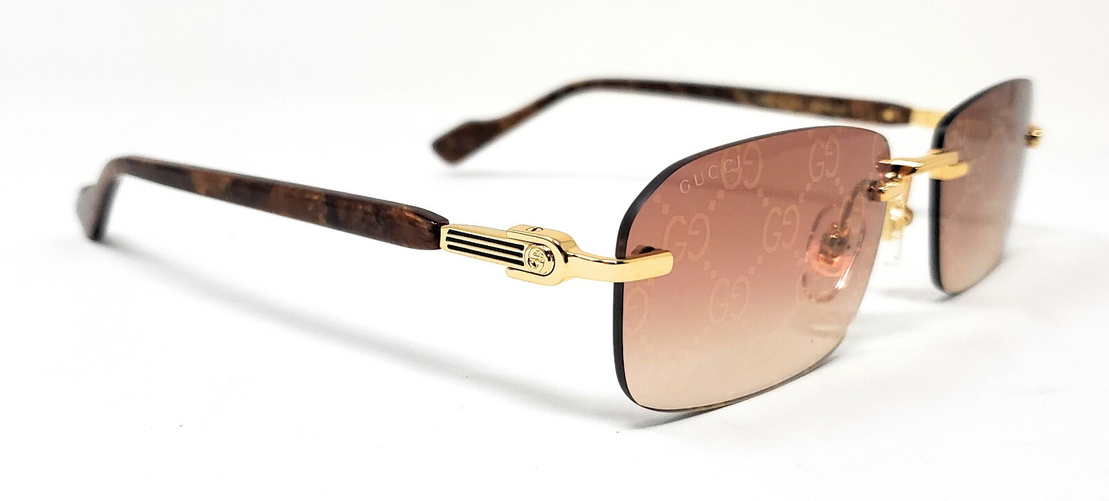 Gucci Rectangular Rimless Sunglasses w/Case GG1221S 004, Gold /Brown 140mm NEW